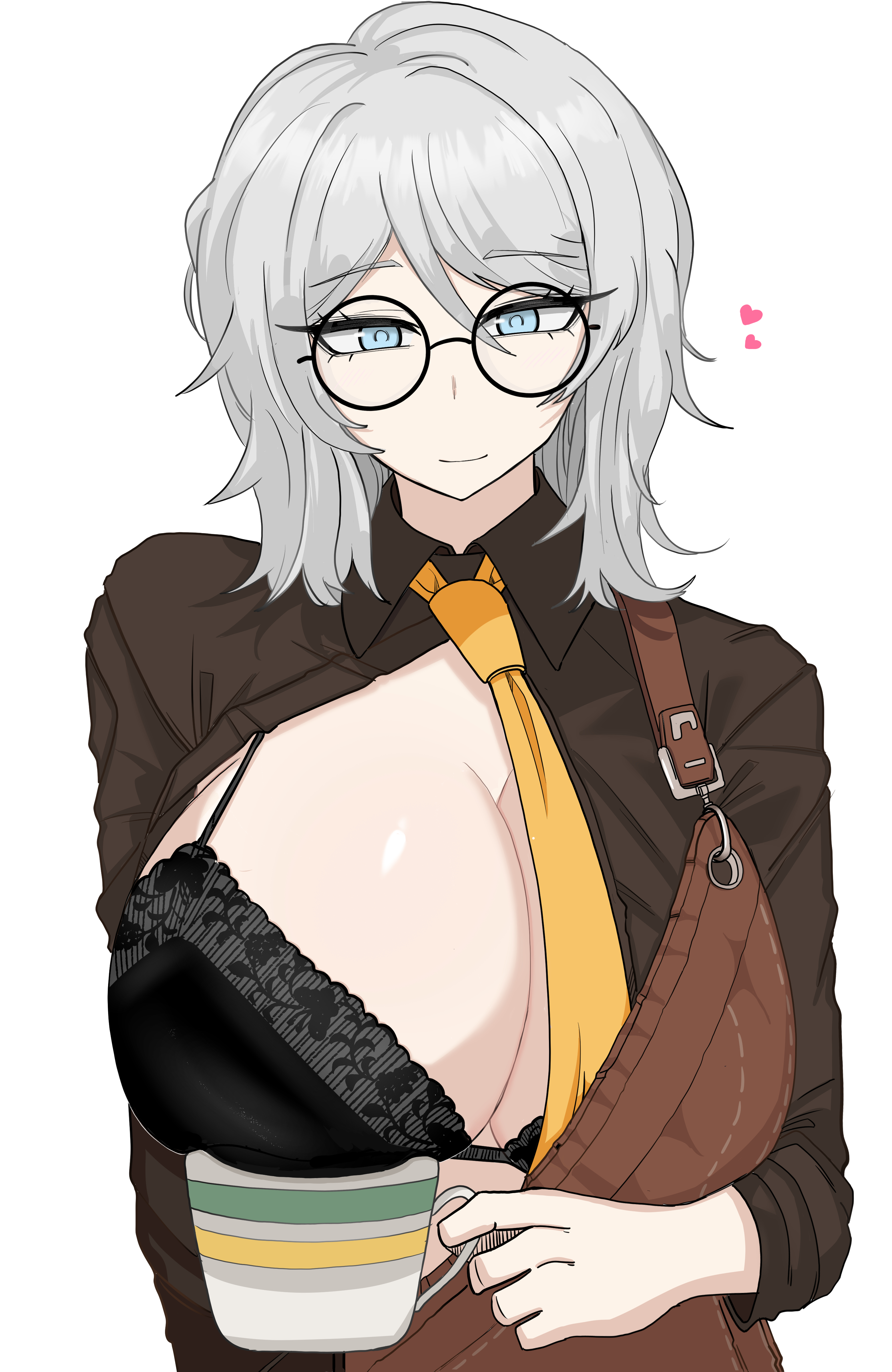 1girls, apron, big breasts, blue eyes, bra, breasts, cleavage, clothing, cup, faust (limbus company), female, glasses, limbus company, looking at viewer, open clothes, project moon, sagging breasts, seven assoc south section 4 faust (limbus company), short hair, smile, underwear, white hair