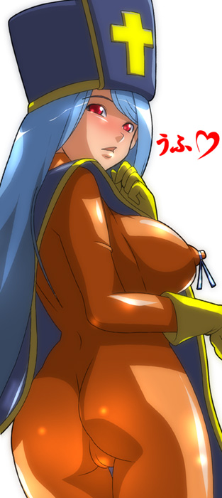 blue_hair bodysuit breasts cameltoe closed_legs clothing covered_breasts covered_erect_nipples covered_nipples covered_pussy dragon_quest dragon_quest_iii erect_nipples erect_nipples_under_bodysuit erect_nipples_under_clothes gloves hat heart higashiyama_(artist) large_breasts latex latex_gloves legs_closed legs_together looking_back mitre nipple_outline nipple_ribbon nipples nipples_covered nipples_visible_through_clothing no_panties priest_(dq3) red_eyes ribbon skin_tight tabard thigh_gap uncensored