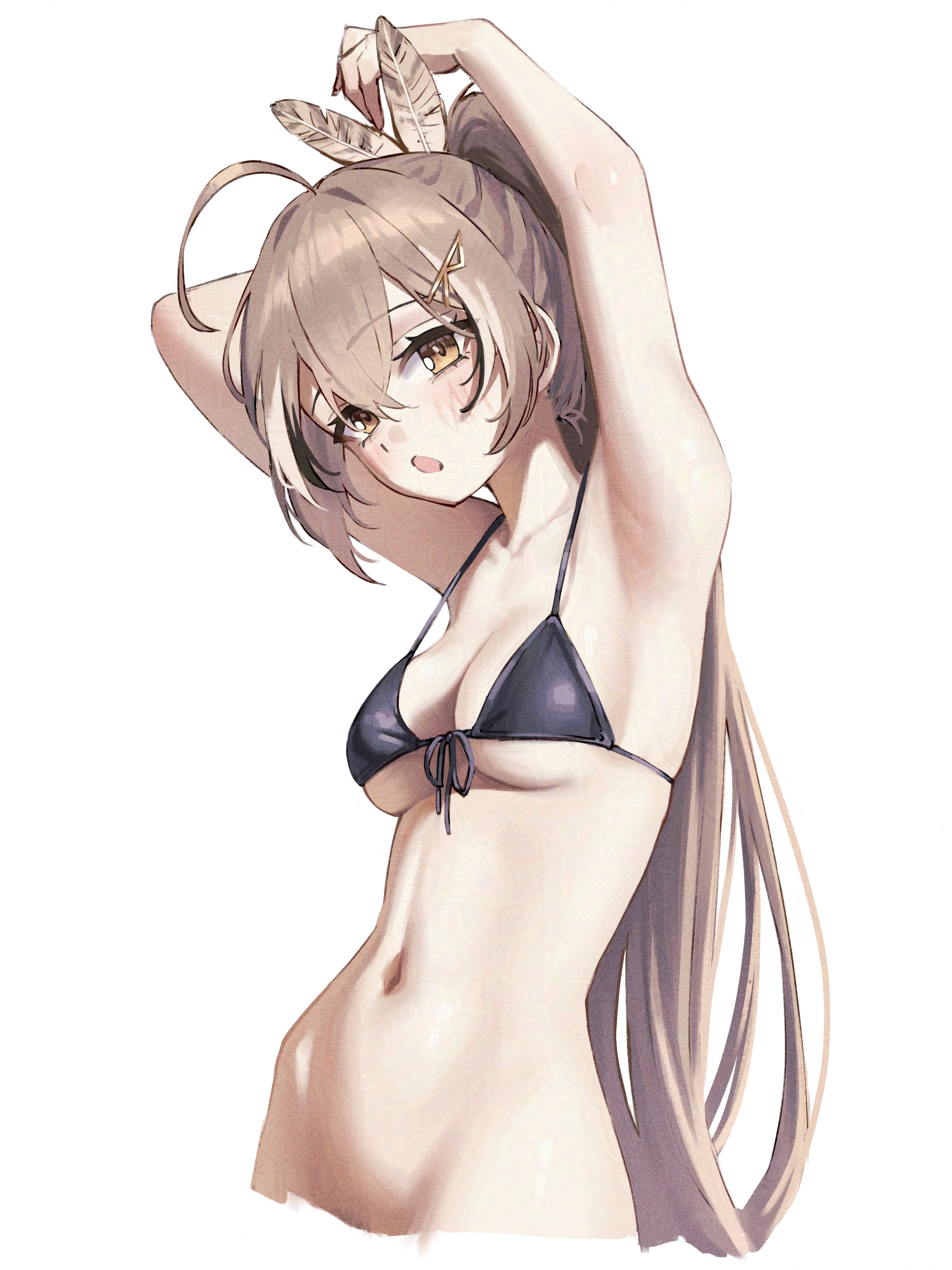 1girls, artist request, belly, black bikini, brown hair, hololive, hololive english, long hair, looking at viewer, medium breasts, nanashi mumei, samukzz , underboob, virtual youtuber