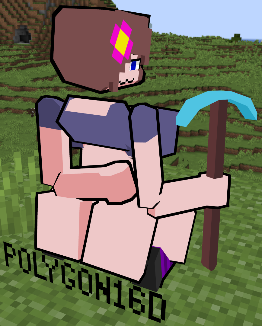 1girls :3 ass back_view bare_ass big_ass big_breasts bottomless jenny_belle_(slipperyt) looking_at_viewer looking_back minecraft pickaxe pickaxe_(minecraft) sitting solo