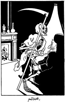 copyright_request couch death death_(entity) fireplace monochrome scythe skeleton