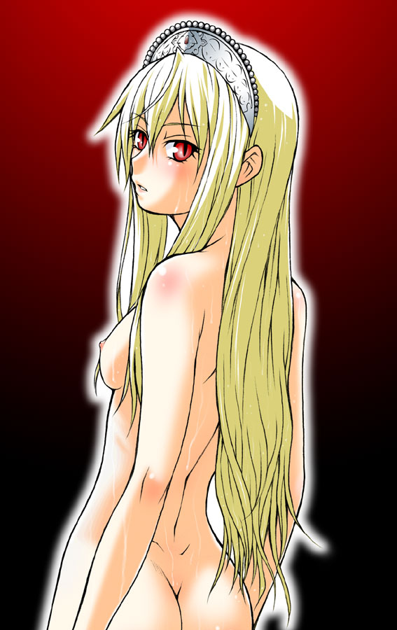 1girls ass blonde_hair breasts female hair hime hime_(kaibutsu_oujo) kaibutsu_oujo kouda_tomohiro lilianne long_hair looking_back monster_princess nude princess_resurrection red_eyes sideboob small_breasts solo tiara wet