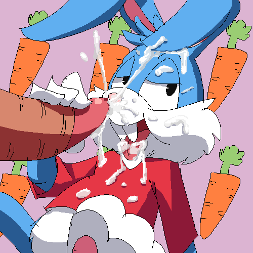 anthro blue_fur bottomless buster_bunny carrot clothed clothing cum cum_in_mouth cum_inside cum_on_face duo fellatio fur half-closed_eyes half-dressed hindpaw human human_on_anthro interspecies lagomorph looking_at_viewer male mammal merumeto open_mouth oral orgasm pawpads paws penis penis_grab pink_background pink_nose plain_background rabbit sex shirt sitting solo_focus teeth tiny_toon_adventures tongue warner_brothers white_fur yaoi