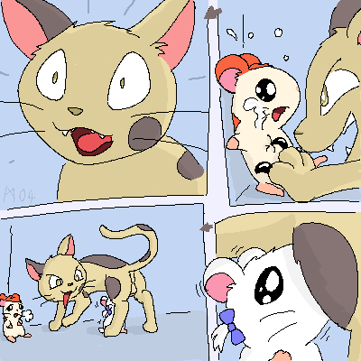 1girls 2boys artist_request bijou blowjob claws comic feline hamster hamtaro hamtaro_(series) tagme