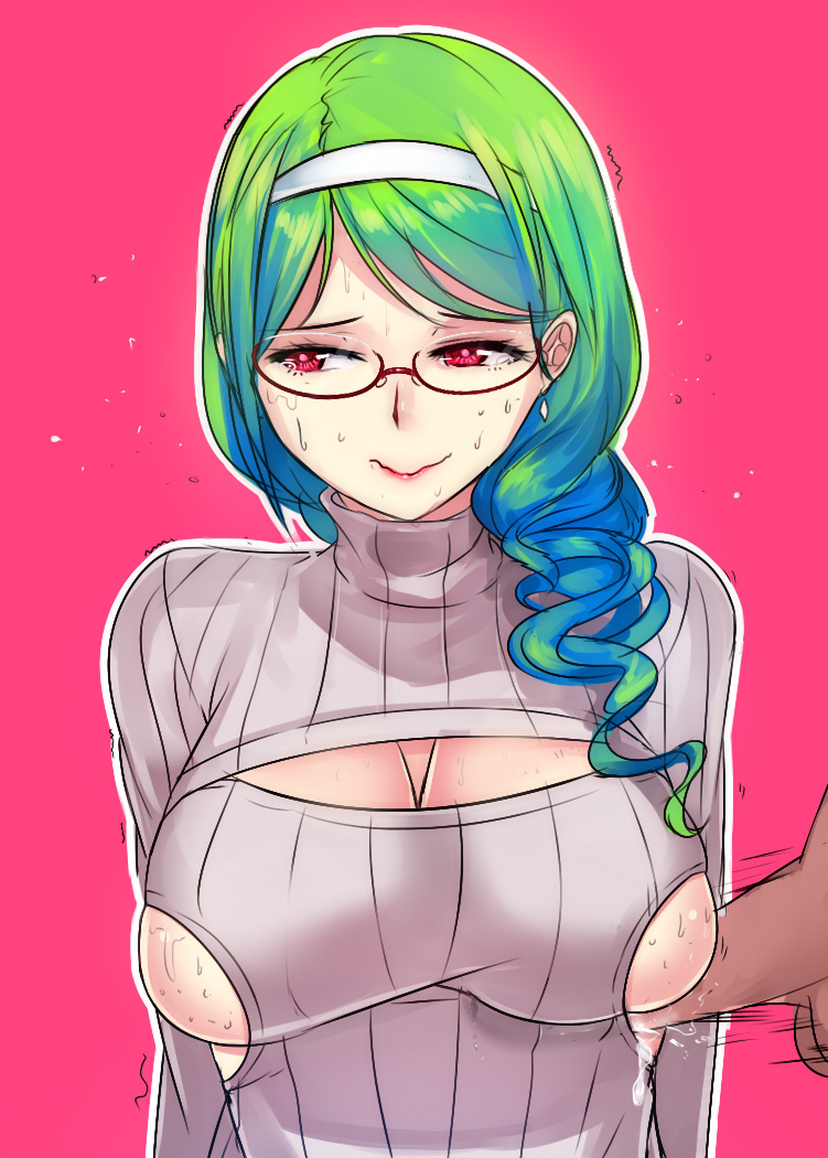 clothes_penetration clothesjob female glasses green_hair kairos+ male outercourse penis_on_underboob penis_rubbing_breast penis_under_breasts penis_under_clothes straight sweater tagme underboob_paizuri