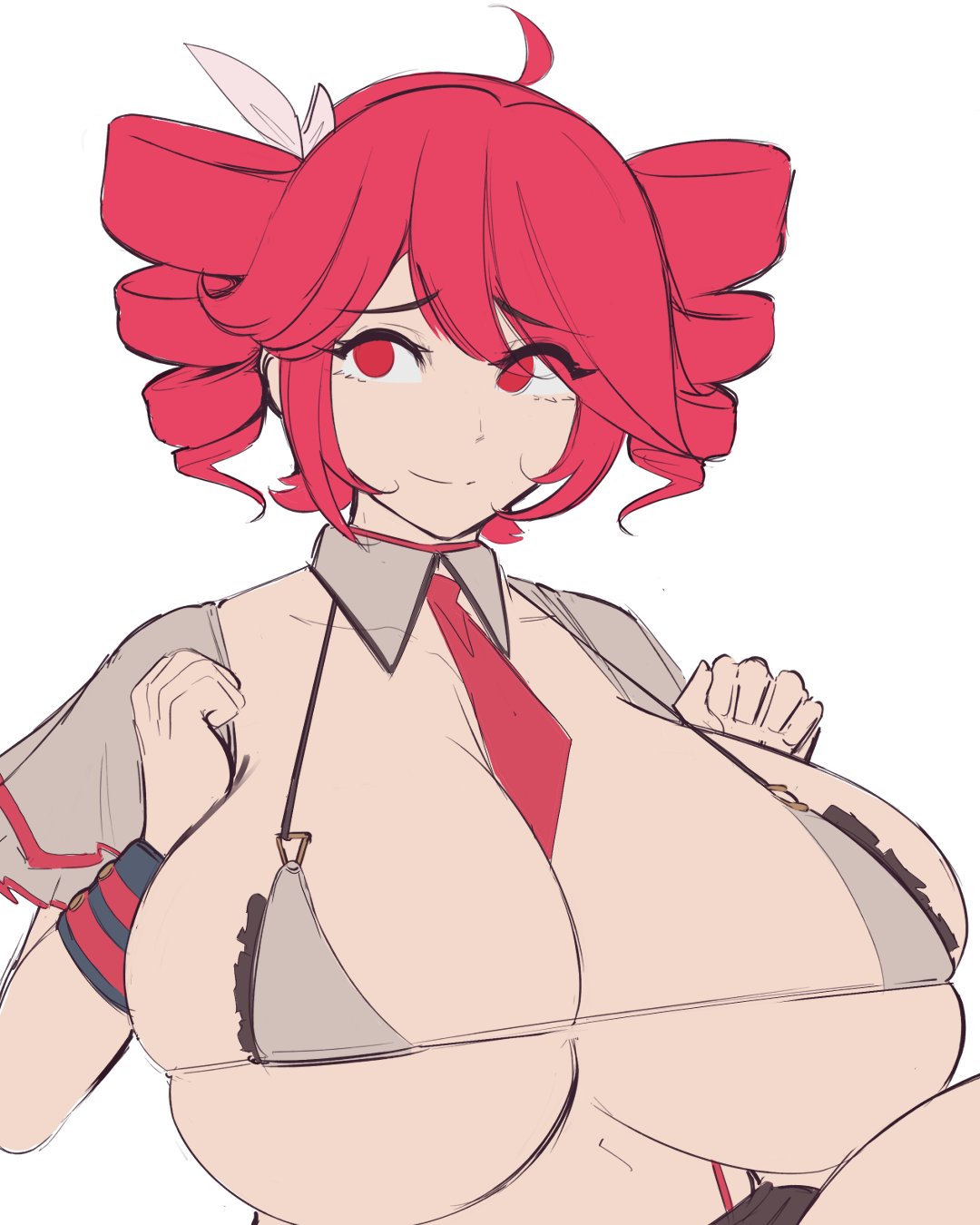 1girls, 2d, 2d (artwork), ahoge, big breasts, bikini, breasts, breasts bigger than head, breasts bigger than torso, breasts squeezed together, cleavage, cleavage overflow, colored sketch, curvaceous, curvy, curvy female, curvy figure, detached collar, detached cuffs, fat breasts, female, female only, ferdinandus, gigantic breasts, hair ornament, hairbow, hands on breasts, hands on own chest, huge breasts, kasane teto, kasane teto (sv), large breasts, massive breasts, micro bikini, necktie, necktie between breasts, overflowing breasts, plump, plump breasts, pressing breasts together, red eyes, red hair, simple background, sketch, skindentation, smile, solo, solo female, synthesizer v, twin drills, upper body, upper body focus, utau, voluptuous, voluptuous female, white background, wip
