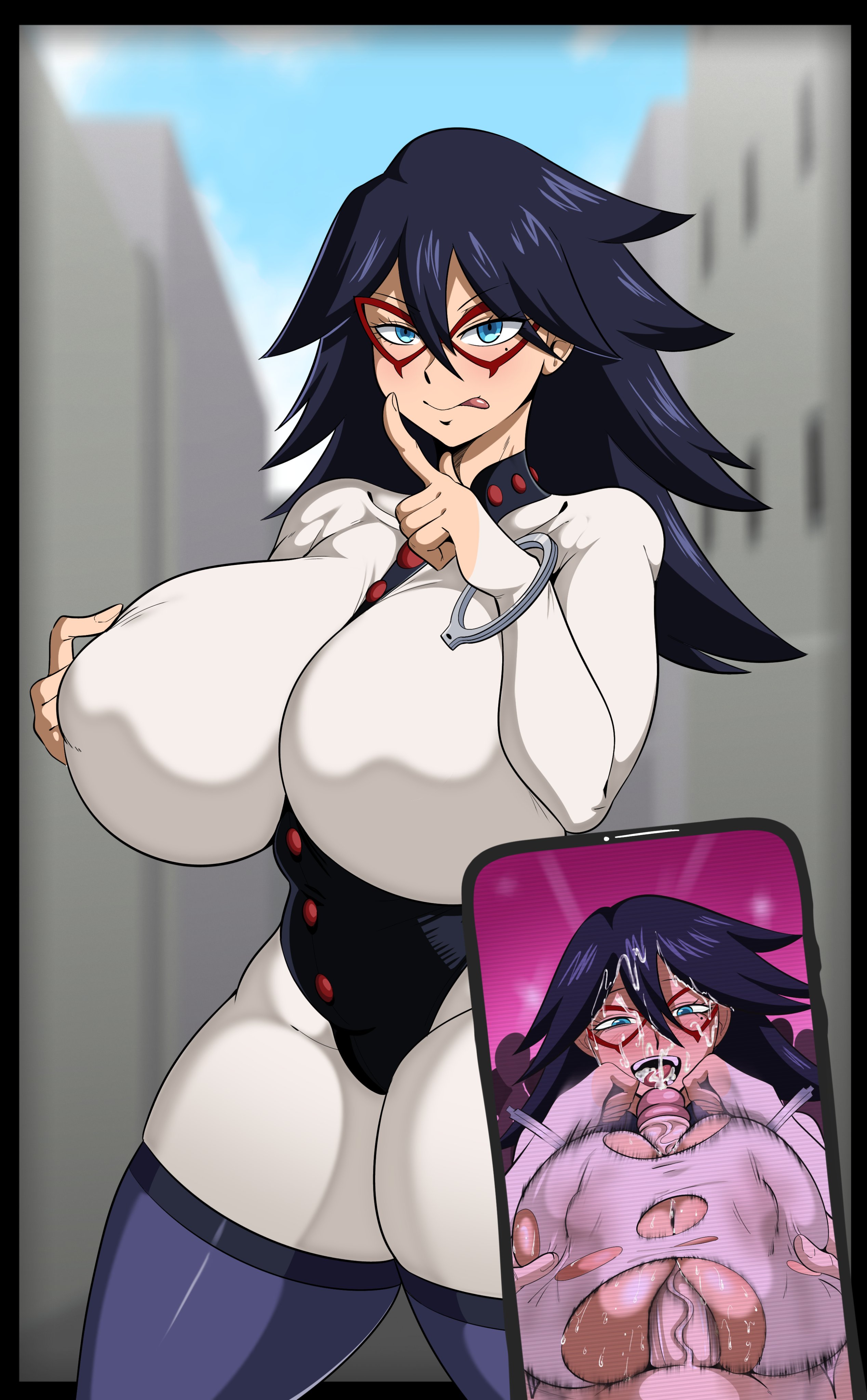 1boy, 1girls, big breasts, black hair, blue eyes, blush, boku no hero academia, breasts, breasts on glass, cuffs, domino mask, female, huge ass, huge breasts, juxtaposition, letterboxed, licking lips, long hair, male, mask, midnight (my hero academia), my hero academia, naver, naverart, nemuri kayama, nipples, paizuri, phone, photo comparison, solo, tongue, tongue out, torn clothes