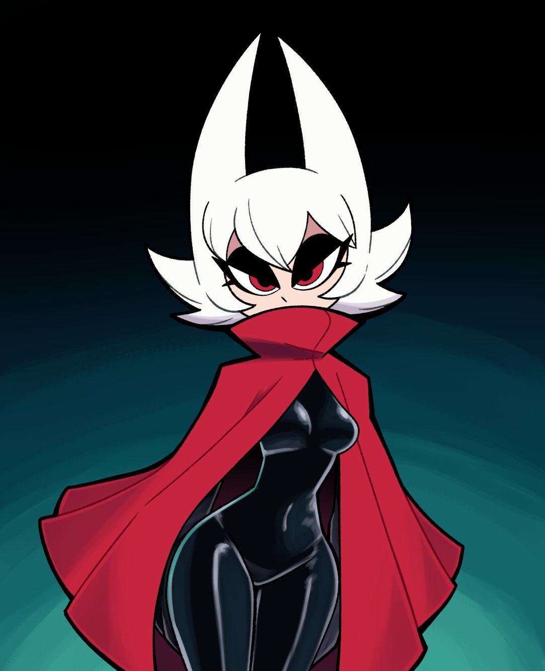 1girls, black bodysuit, black latex, bodysuit, breasts, cloak, female, female only, highres, hollow knight, hollow knight: silksong, hornet (hollow knight), humanization, humanized, latex, latex clothing, latex suit, medium breasts, navel line, pointy hair, red cloak, red eyes, scott falco, shiny clothes, solo, white hair