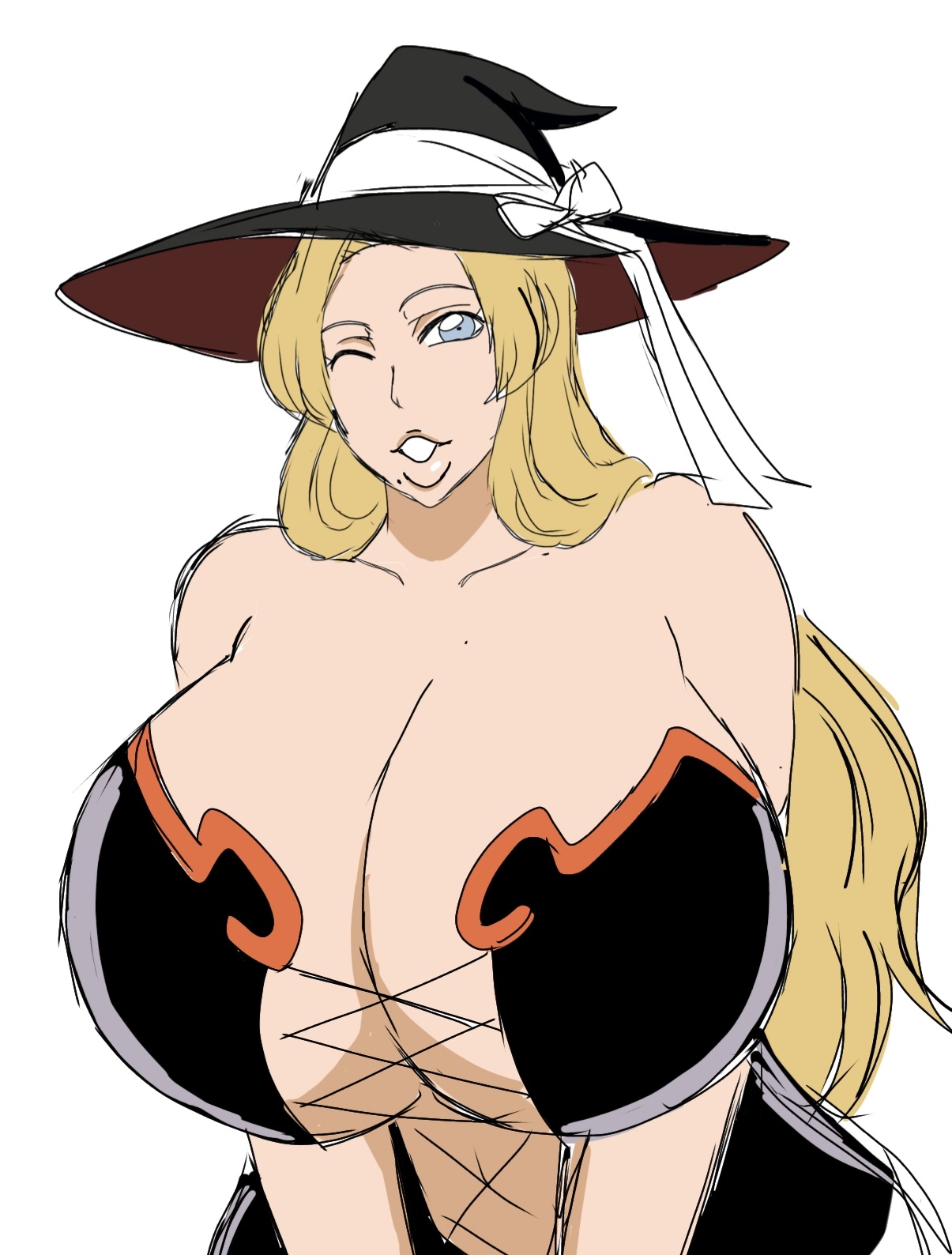 1girls, 2025, 2d, 2d (artwork), alternate body type, alternate breast size, bare arms, bare shoulders, beauty mark, beauty mark under mouth, big breasts, bleach, blonde hair, blonde-haired female, blue eyes, blue-eyed female, breasts, breasts bigger than head, busty, busty female, curvy, curvy body, curvy female, curvy figure, digital drawing (artwork), female, female focus, female only, halloween, huge breasts, kissable lips, large breasts, light-skinned female, lips, long hair, long-haired female, matsumoto rangiku, mature, mature woman, mole, mole under mouth, momiji (artist), puckered lips, simple background, solo, solo female, solo focus, upper body, white background, wink, winking, winking at viewer, witch, witch costume, witch hat