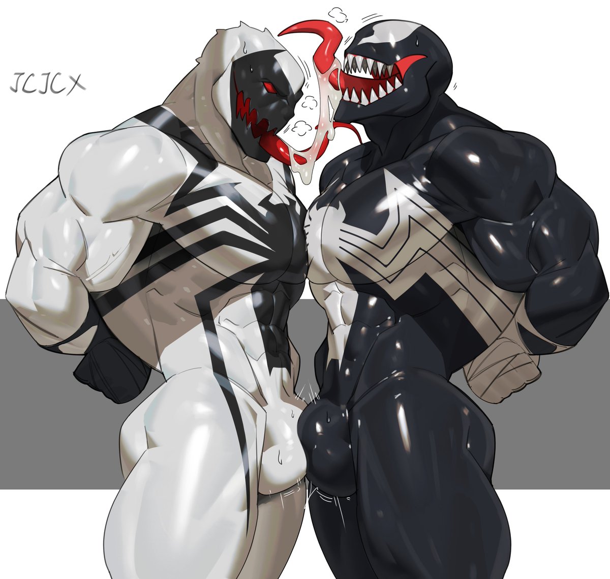 bara, black skin, bulge, bulge frottage, bulge rubbing, cxcxxcxxxx, gay, long tongue, male, male only, marvel, marvel comics, muscular, muscular male, venom, venom (marvel), yaoi