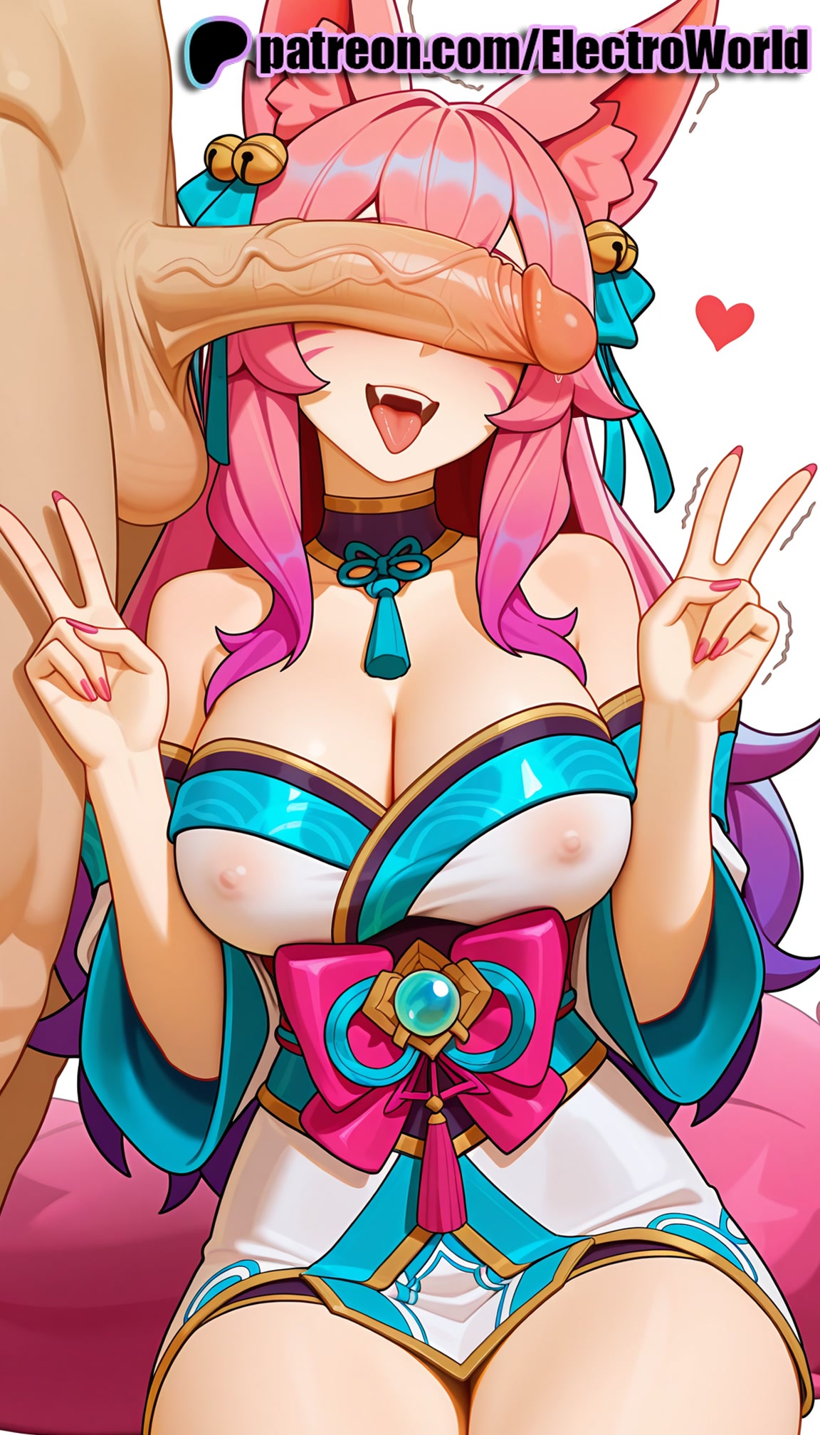 1boy, 1girls, 2025, ahri, ahri (league of legends), ai generated, animal ears, aqua nails, artist name, balls, bell, big breasts, big chest, black nails, blue nails, breasts, bust, busty, chest, cock, dick, electroworld, erection, female, fingernails, fox ears, fox tail, green nails, hair bell, heart, hi res, high quality, high resolution, highres, jingle bell, large breasts, large penis, league of legends, long fingernails, long hair, male, multicolored nails, nail art, nail polish, neck bell, orange nails, patreon, patreon username, penis, penis on face, pink hair, pink nails, purple nails, red nails, spirit blossom ahri, stable diffusion, straight, tail, testicles, tongue, tongue out, uncensored, v, veins, w, watermark, yellow nails