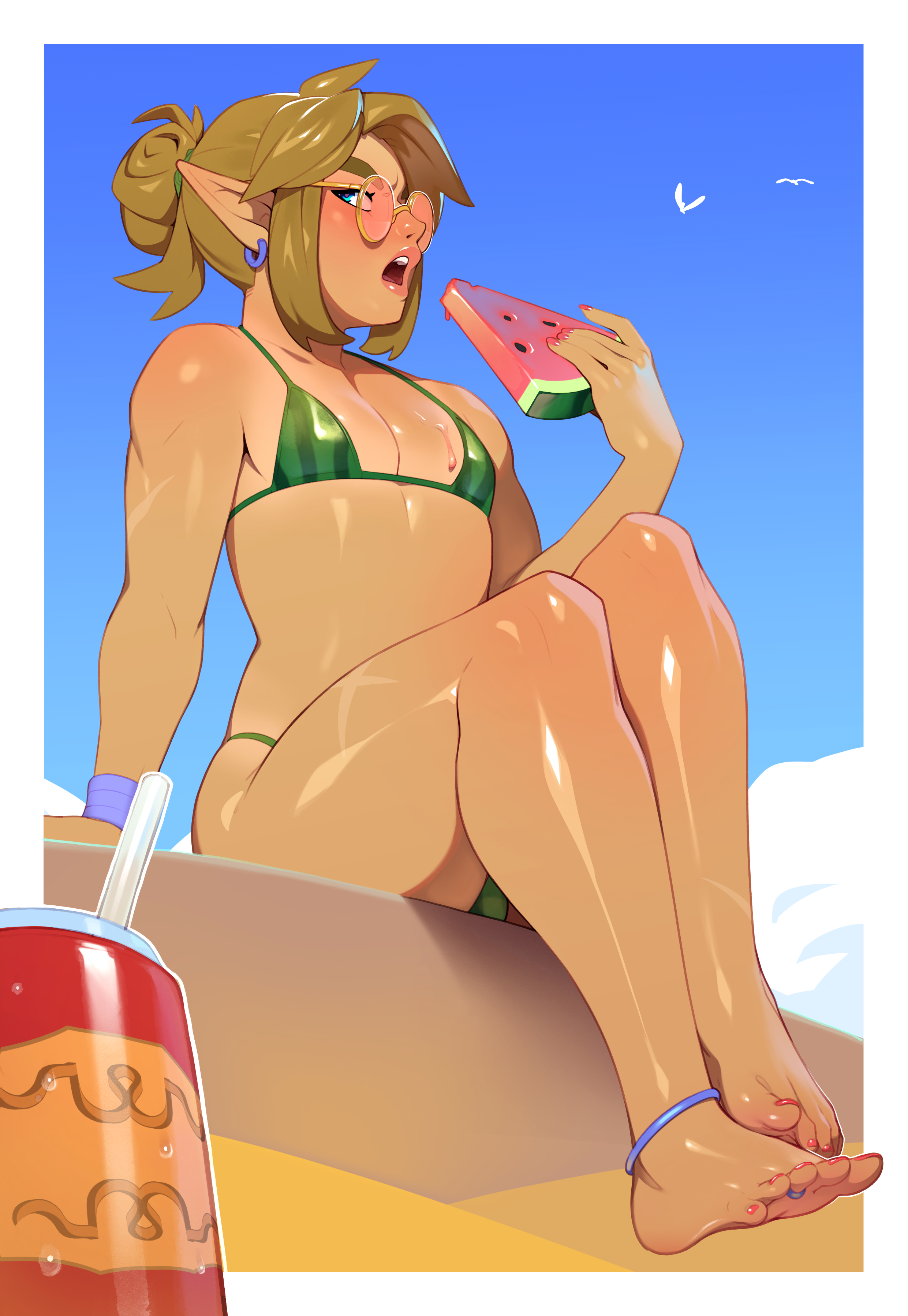 1boy, absurd res, androgynous, beach, bikini, bikini bottom, bikini top, blonde hair, blue eyes, bulge, chest, clothed, clothed male, combos-n-doodles, earrings, eating, eating food, eating fruit, elf, elf ears, elf male, exposed midriff, exposed shoulders, exposed torso, feet, feet together, femboy, femboy only, feminine male, fingernails, girly, glasses, green bikini, green clothing, green swimsuit, highres, hylian, light skin, light-skinned, light-skinned male, link, male, male only, micro bikini, nail polish, non-nude, open mouth, painted fingernails, painted nails, painted toenails, pointy ears, revealing clothes, revealing outfit, revealing swimsuit, ring, shiny, shiny skin, short hair, sissy, sitting, solo, solo focus, solo male, swimsuit, swimwear, the legend of zelda, thong, thong bikini, thong panties, toe ring, toenail polish, toenails, twink, watermelon, watermelon bikini, watermelon bra, watermelon slice