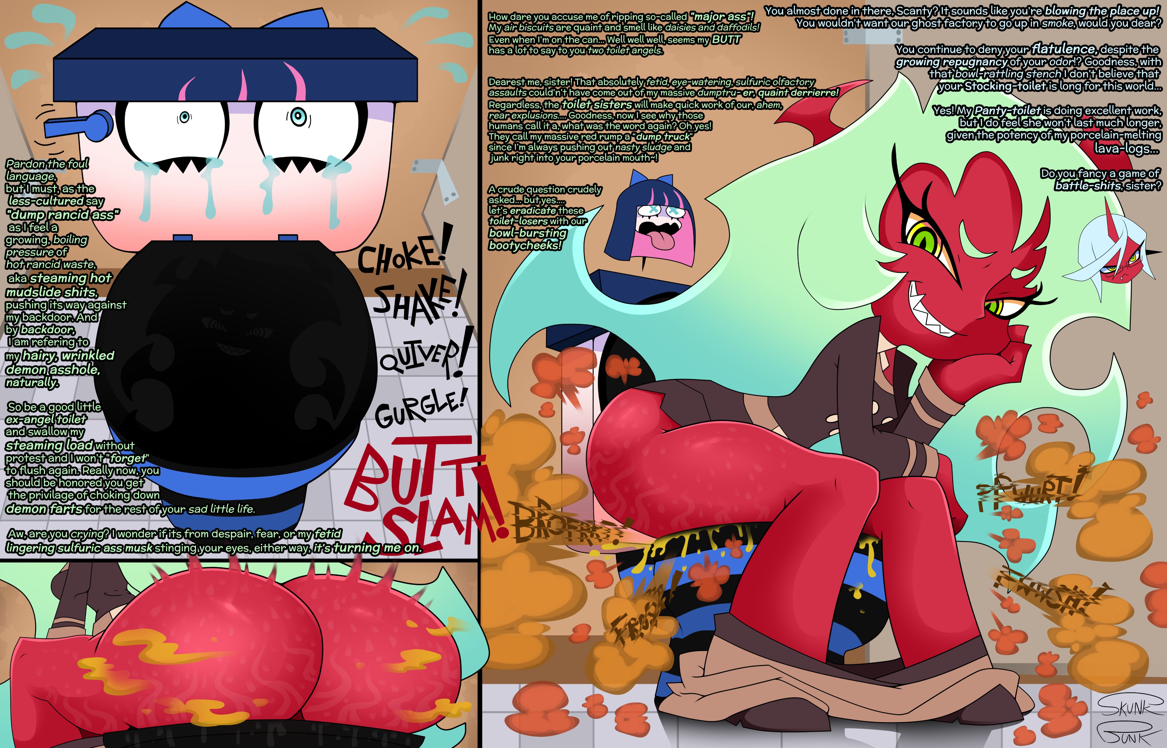 ass, crying, crying with eyes open, dialogue, fart, fart cloud, fart fetish, gross, huge ass, implied scat, implied scat eating, inanimate transformation, kneesocks daemon, panty & stocking with garterbelt, scanty daemon, scat, skunk bunk, stocking anarchy, text, toilet, toilet play, toilet transformation, toilet use, transformation