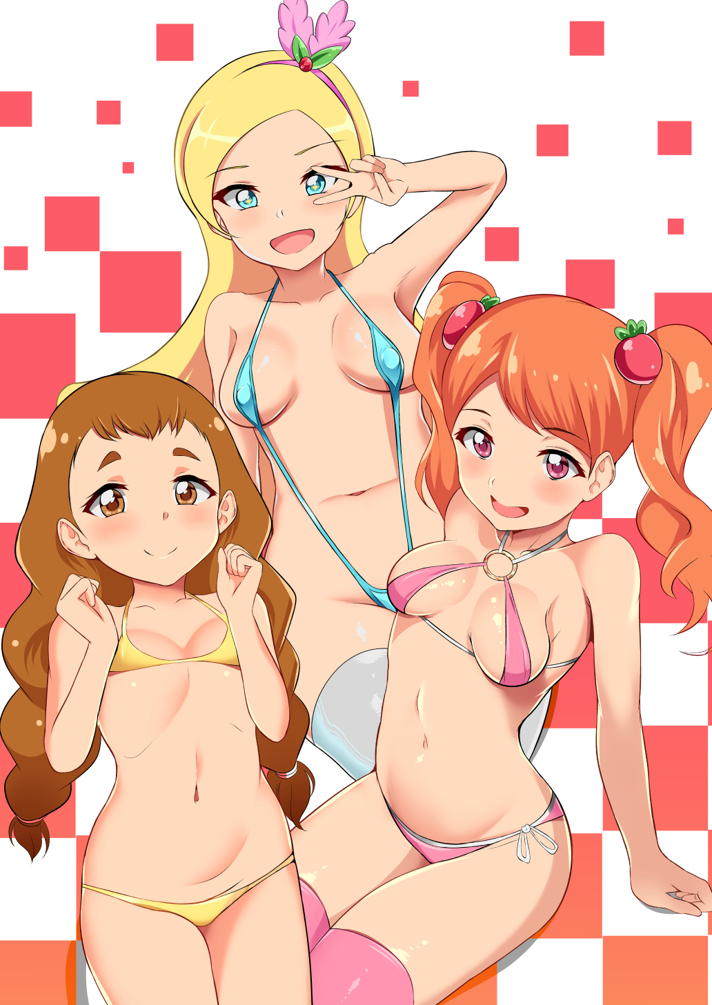 +_+ 3girls :d arisugawa_himari arm_support bangs bikini blonde_hair blue_eyes blue_swimsuit blush braid breasts breasts_apart brown_eyes brown_hair closed_mouth erect_nipples eyebrows_visible_through_hair flat_chest hairband highres kirahoshi_ciel kirakira_precure_a_la_mode linsun looking_at_viewer medium_breasts micro_bikini multiple_girls navel o-ring_bikini open_mouth orange_hair pink_bikini pink_eyes pink_hairband pink_legwear precure pretty_cure side-tie_bikini sitting sling_bikini small_breasts smile stockings stomach swimsuit thighhighs twin_braids twintails usami_ichika v_over_eye wavy_hair white_legwear yellow_bikini