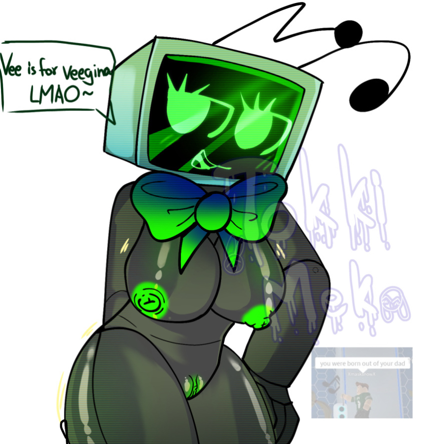 artist name, artist watermark, big breasts, breasts, breasts out, cool tag, curvy figure, dandy's world, english text, erect nipples, female, female focus, green bowtie, green eyes, green nipples, grey skin, idk what to tag it, idk who the artist is, joke, loki meka, meme in the background, pussy, repost, reposted, roblox, roblox game, robot girl, text bubble, thighs, tokki meki, tv head, tv head robot, vee (dandy's world)