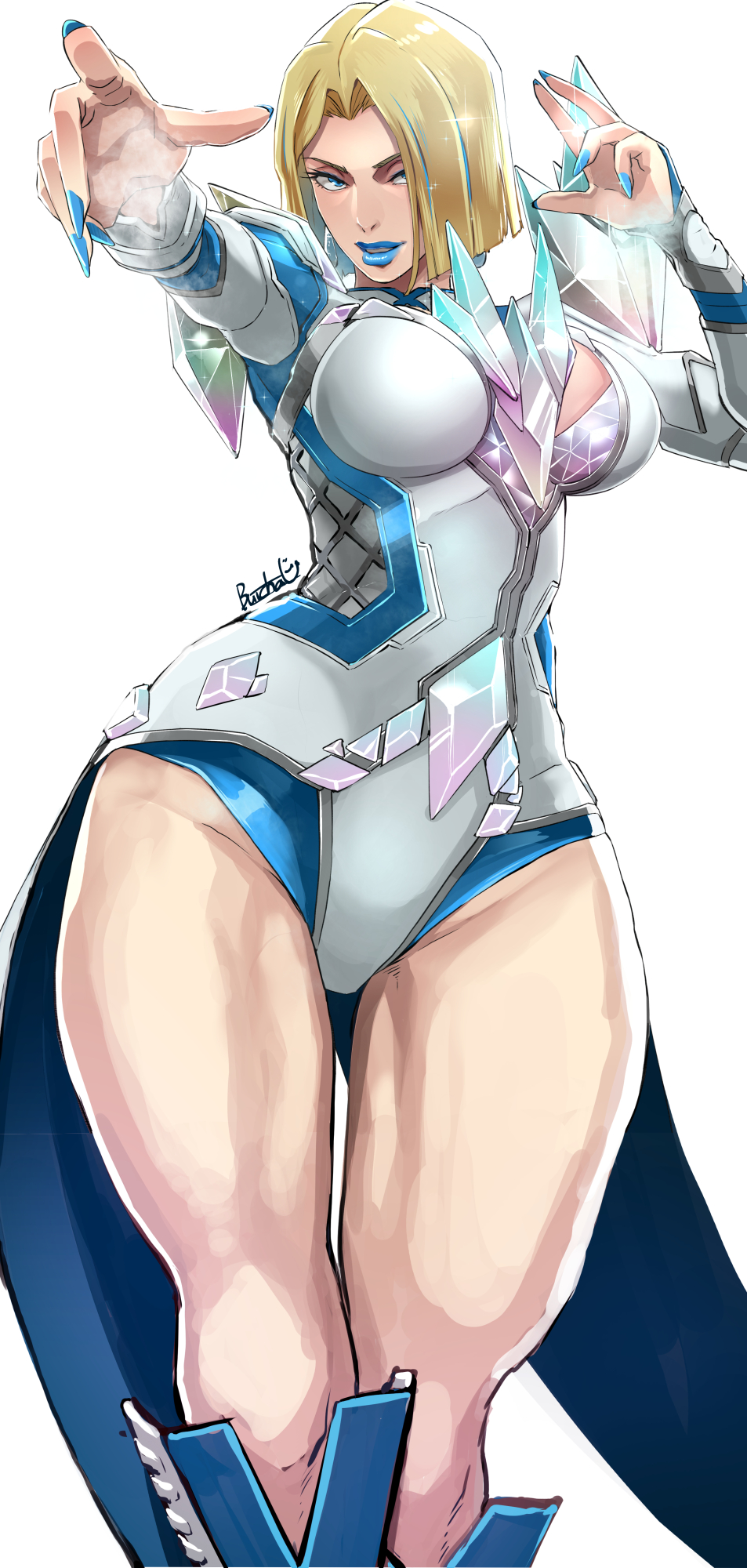 1girls, 2025, 2d, 2d (artwork), accurate art style, action pose, artist name, blonde hair, blue eyes, blue hair, blue lips, blue nails, boots, breasts, butcha-u, cleavage, clothed, clothed female, coattails, commentary request, crystal, diamond (gemstone), diamond skin, emma frost, emma frost (marvel rivals), female, female only, fingernails, fully clothed, highres, knee boots, large breasts, leotard, long fingernails, looking at viewer, marvel, marvel comics, marvel rivals, multicolored hair, mutant, mutant (marvel), pose, powers, sfw, short hair, simple background, solo, solo female, thick thighs, thigh gap, thighs, white background, x-men