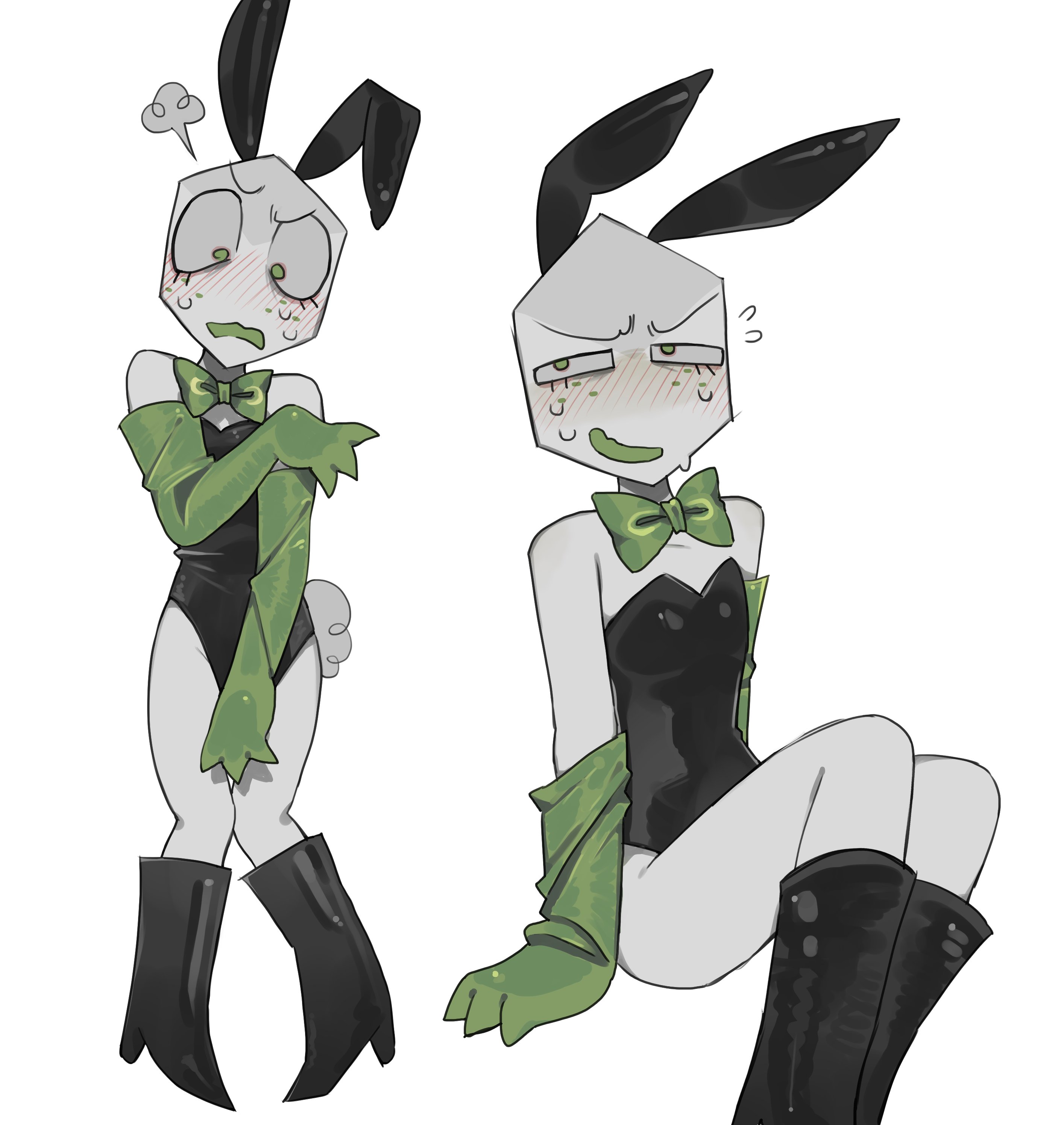 1boy, artist request, battat (deltarune), blush, bowtie, bunny ears, bunnysuit, cute, darkner, deltarune, eyelashes, feminine male, green bowtie, green eyes, green gloves, male, male only, nervous smile, pippins (deltarune), solo, tagme, undertale (series), white background, white body, white skin