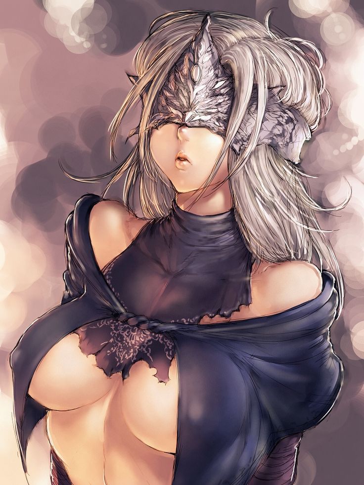 1girls bare_shoulders breasts cloak clothed clothing covered_eyes dark_souls dark_souls_3 female female_only fire_keeper fromsoftware fumio_(rsqkr) lips long_hair mask open_clothes open_mouth open_shirt parted_lips ripped_clothing silver_hair solo white_hair