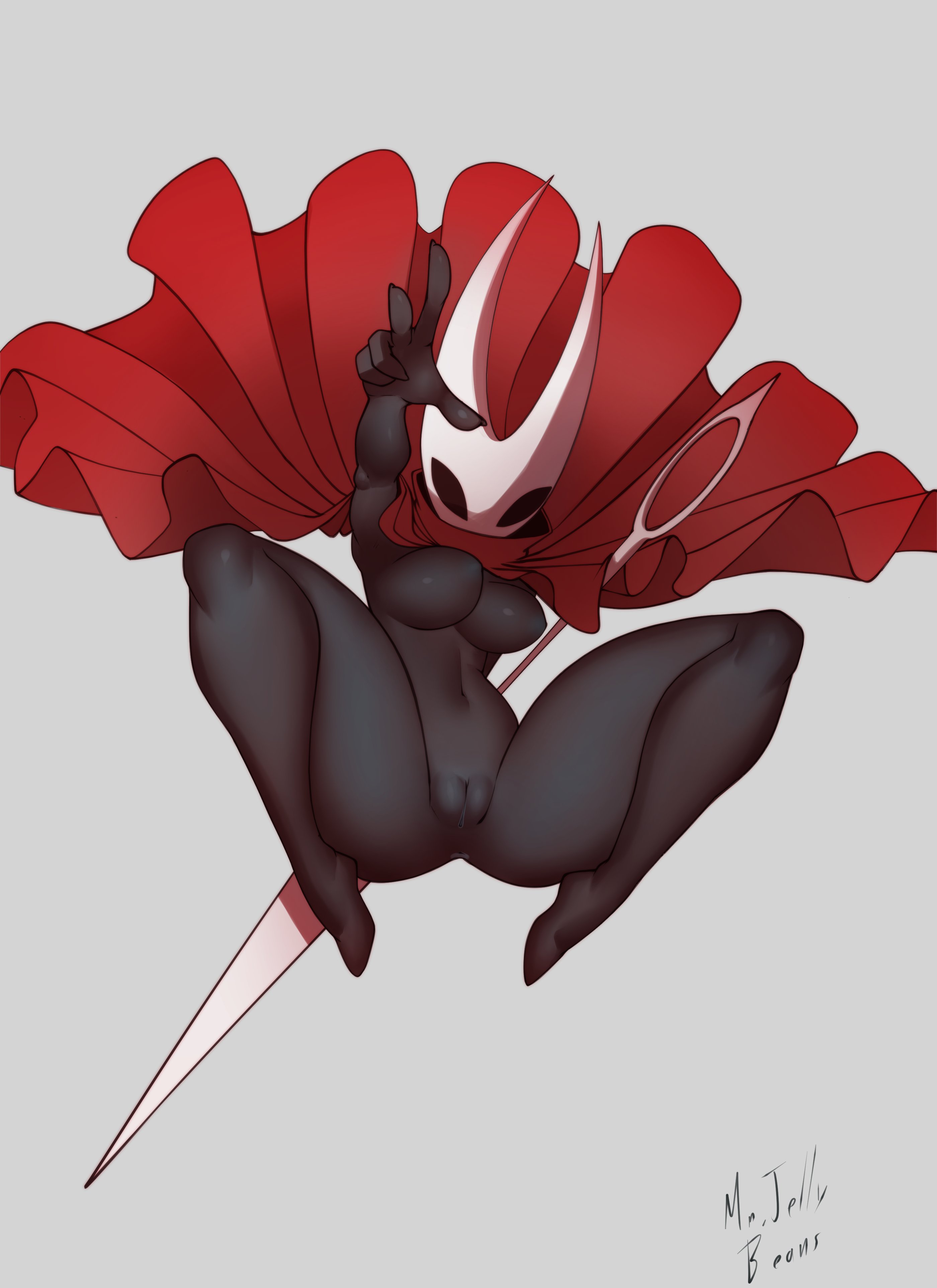 1girls, artist signature, cloak only, female, female focus, female only, hollow knight, hollow knight: silksong, hornet (hollow knight), mr.jellybeans, puffy pussy, pussy, silksong, solo, solo female, solo focus