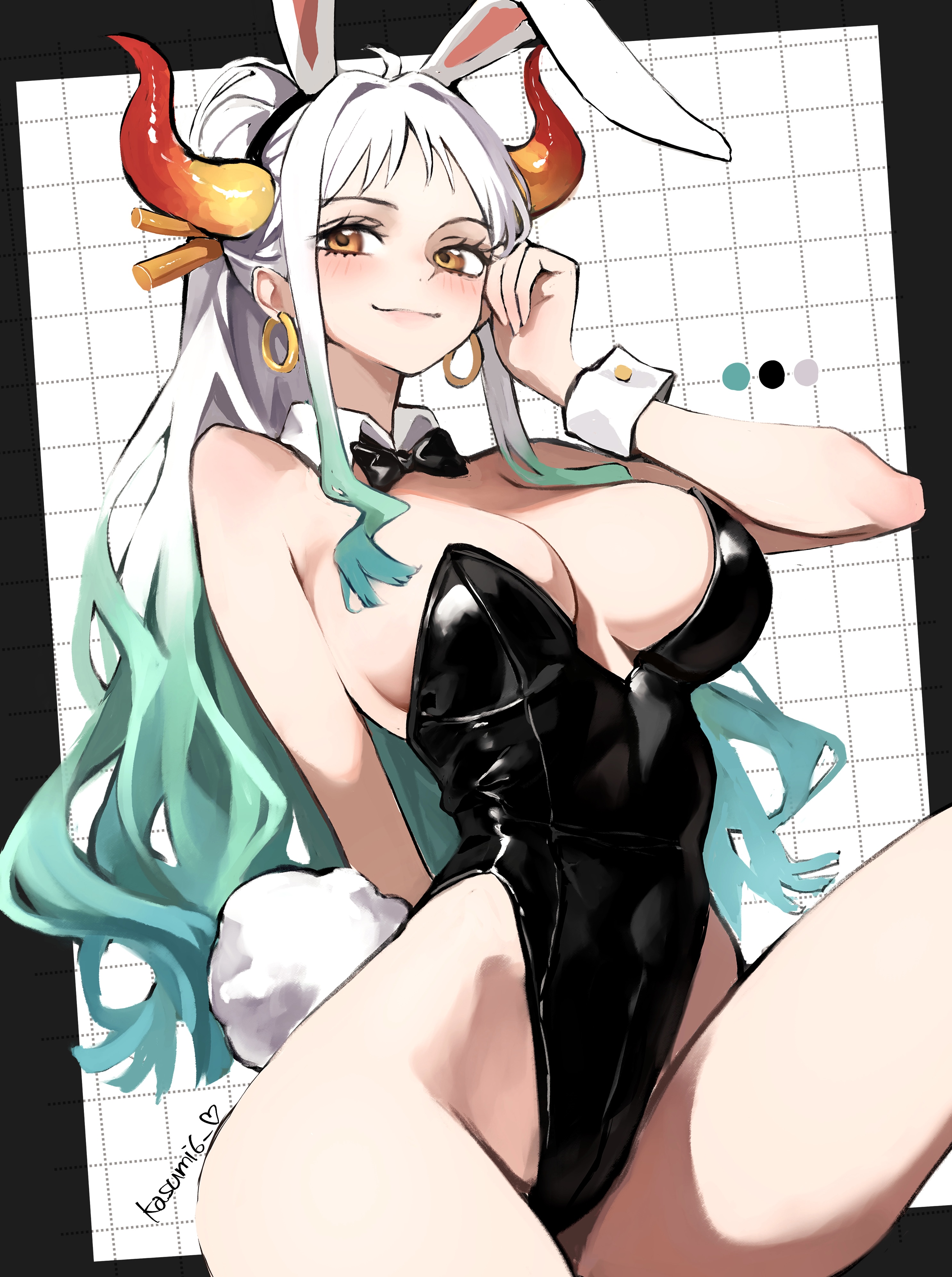 1girls, absurdres, alternate costume, animal ears, bare shoulders, black background, black bow, black bowtie, black leotard, bow, bowtie, breasts, brown eyes, cleavage, closed mouth, clothing, commentary request, detached collar, earrings, fake animal ears, fake tail, female, female only, gradient hair, green hair, highleg, highleg leotard, highres, hoop earrings, horns, jewelry, kasumi 6, kasumi6, large breasts, leotard, long hair, looking at viewer, multicolored hair, one piece, orange horns, playboy bunny, ponytail, rabbit ears, rabbit tail, sitting, smile, solo, tail, thighs, two tone body, two-tone hair, white background, white hair, white-haired female, yamato (one piece)