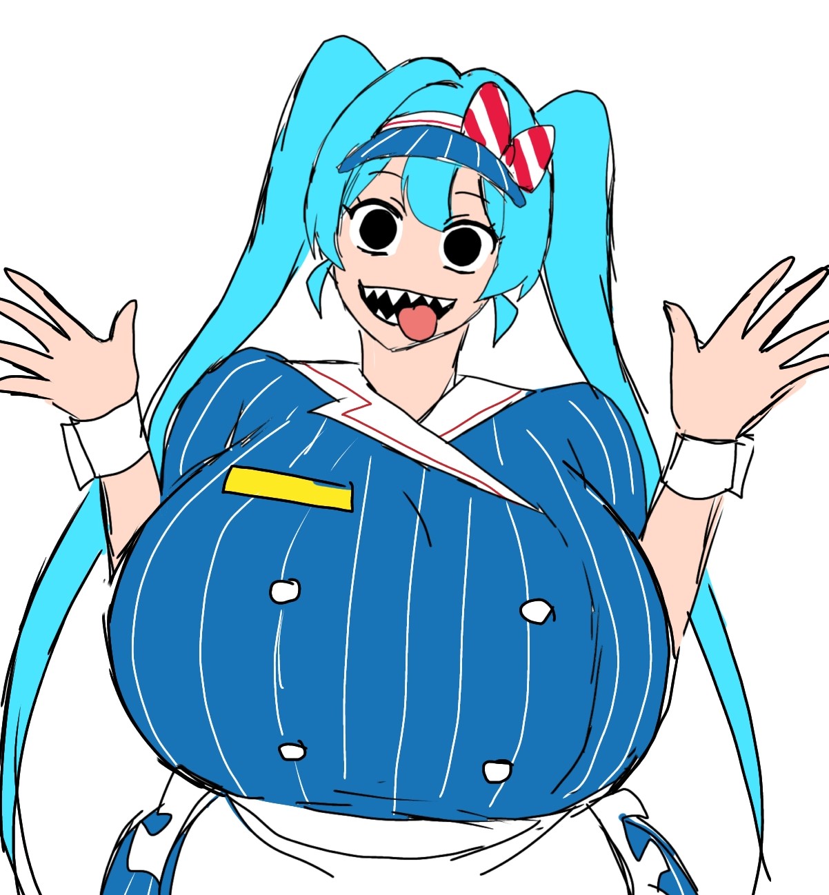 1girl, 1girls, 2d, 2d (artwork), alternate body type, alternate breast size, apron, aqua hair, big breasts, black eyes, blue hair, bow, breasts, breasts bigger than head, busty, busty female, curvy, curvy body, curvy female, curvy figure, digital drawing (artwork), digital media (artwork), dress, female, female focus, female only, gigantic breasts, hands up, hatsune miku, huge breasts, large breasts, long hair, looking at viewer, mature, mature woman, mesmerizer miku, momiji (artist), open mouth, sharp teeth, simple background, smile, solo, solo female, solo focus, striped, teeth, tongue, tongue out, twintails, upper body, very long hair, visor cap, vocaloid, waist apron, white background, wrist cuffs