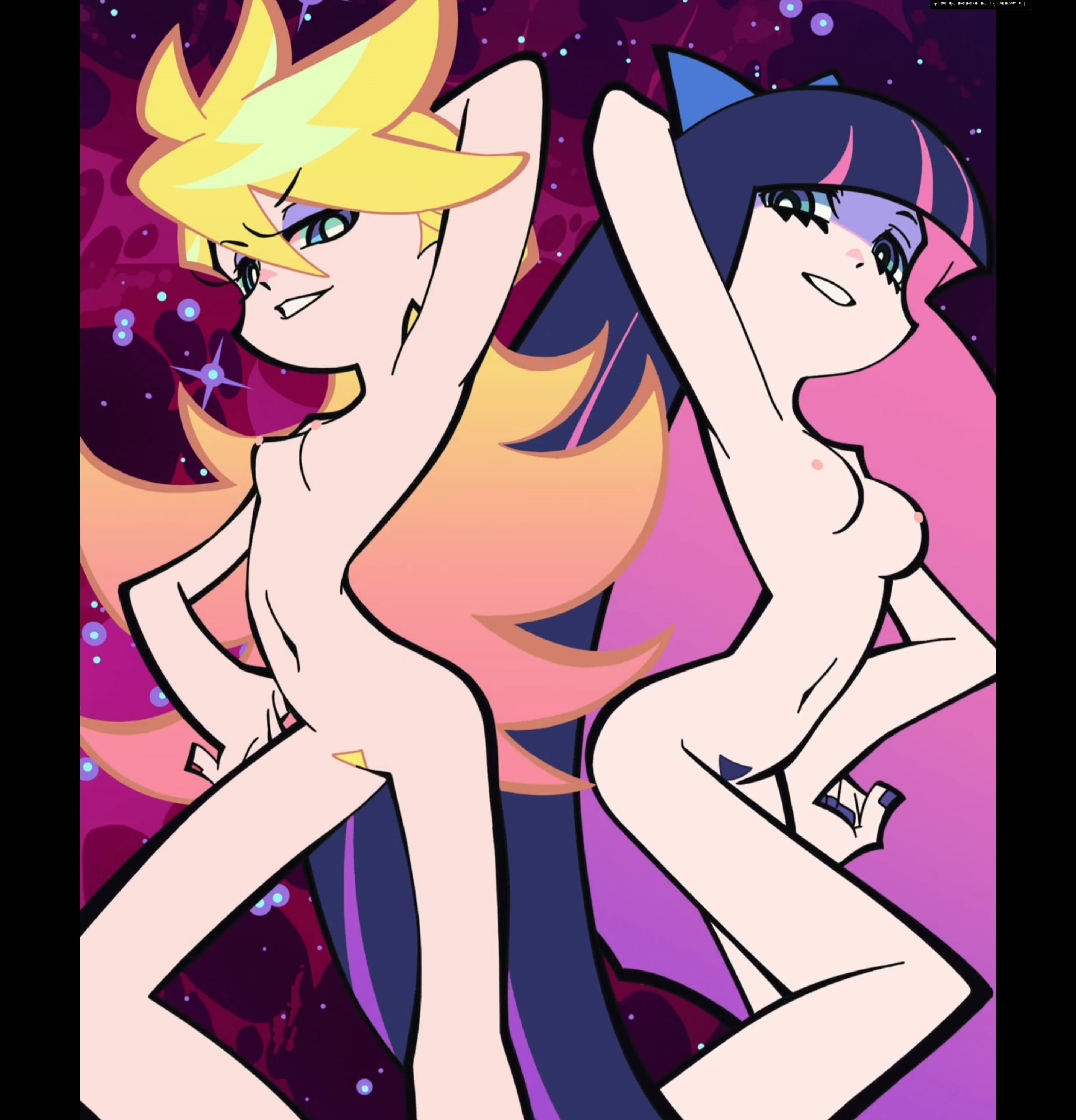 2girls, blonde hair, casual, completely nude, female, group, human, nipples, official art, panty & stocking with garterbelt, panty anarchy, pubic hair, pussy, stocking anarchy, tagme