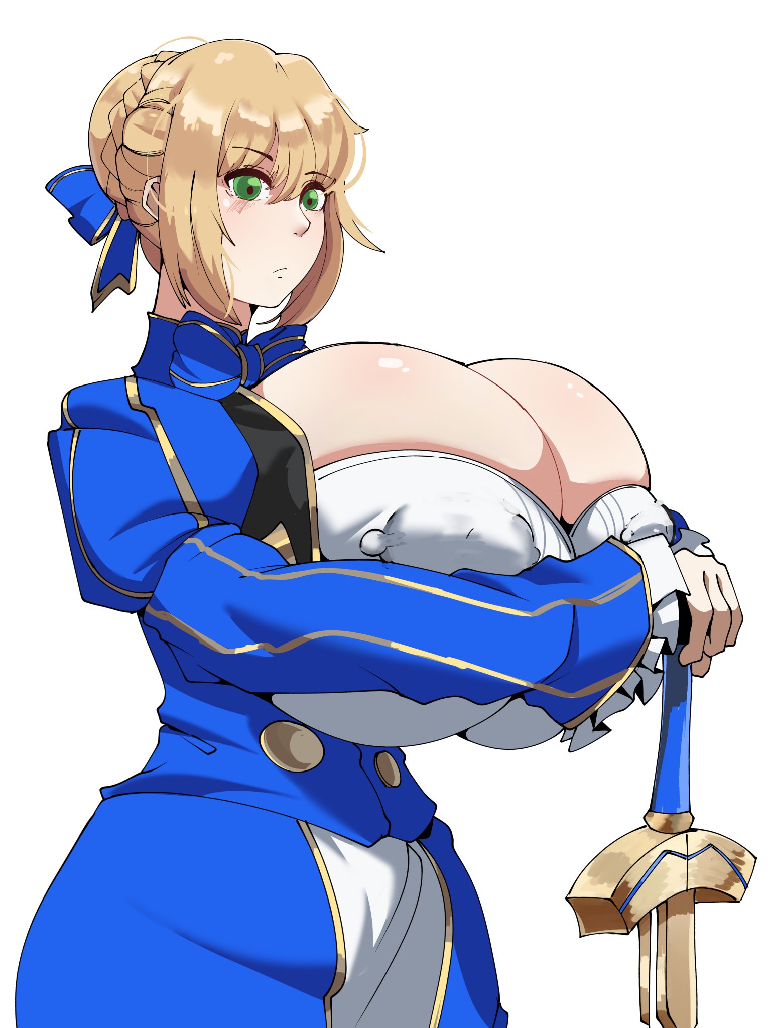 1girls, alternate breast size, artoria pendragon, blonde hair, blue dress, breasts, breasts bigger than head, cleavage, fate (series), fate/grand order, fate/stay night, fate/zero, female, female only, green eyes, hair ribbon, honkai: star rail, huge breasts, light skin, light-skinned female, looking at viewer, massive breasts, nipple bulge, nipples, shinhyunxi, solo, top heavy