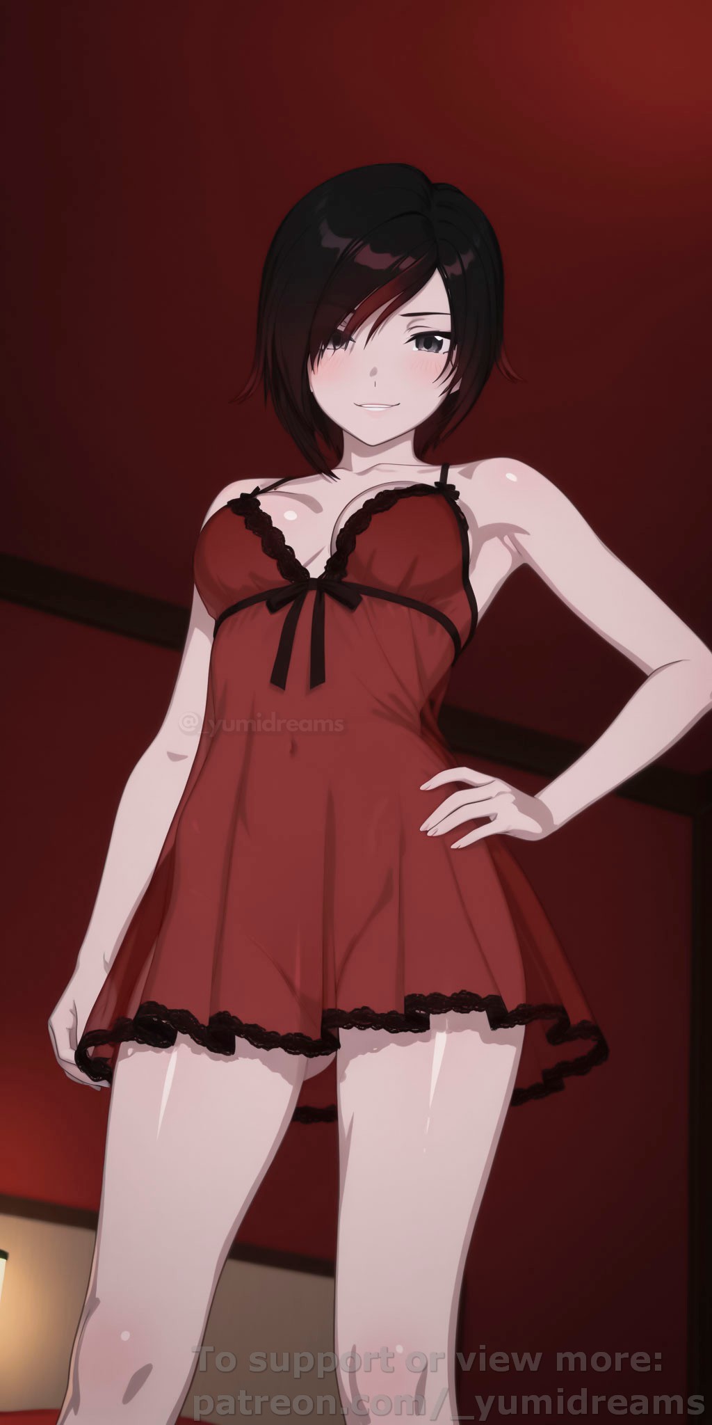  yumidreams, 1girls, 3d, accurate art style, ai generated, bangs, bare arms, bare legs, bare shoulders, bare thighs, black hair, breasts, camisole, camisole only, cleavage, dark eyes, female, female only, hand on hip, highres, indoors, lingerie, looking at viewer, low-angle view, medium breasts, multicolored hair, patreon username, red camisole, red clothing, red hair, red lingerie, ruby rose, rwby, see-through, see-through clothes, see-through clothing, short hair, sleepwear, smirk, standing