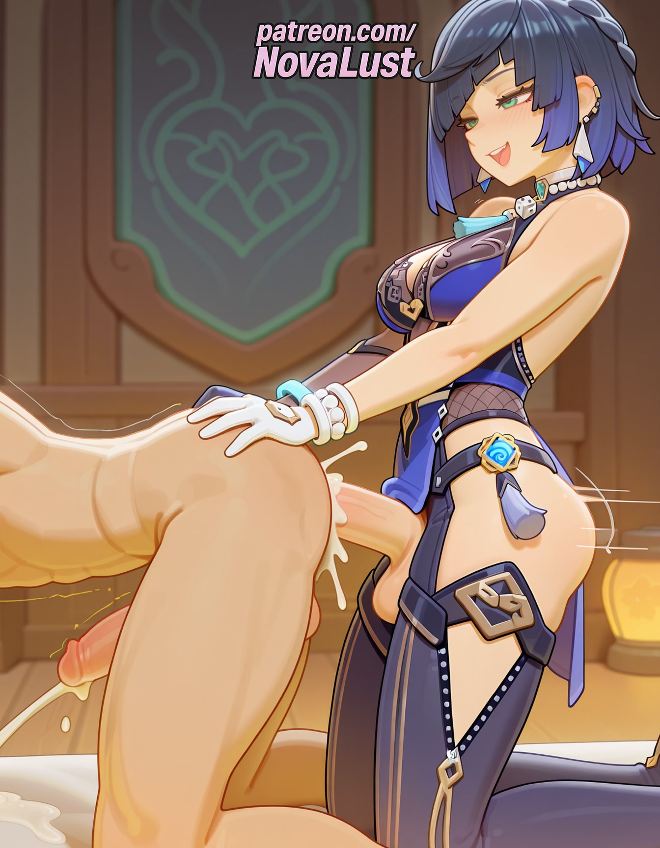 1boy, 1futa, 2025, ai generated, artist name, balls, blunt bangs, blush, braid, breasts, bust, chest, cock, cum, cum in ass, cum while penetrated, dick, earrings, ejaculation, erection, futa on male, futanari, genshin impact, gloves, green eyes, handsfree ejaculation, hi res, high quality, high resolution, highres, intersex, jewelry, large penis, male, novalust, open mouth, patreon, patreon username, penis, projectile cum, short hair, stable diffusion, testicles, uncensored, watermark, yelan (genshin impact)