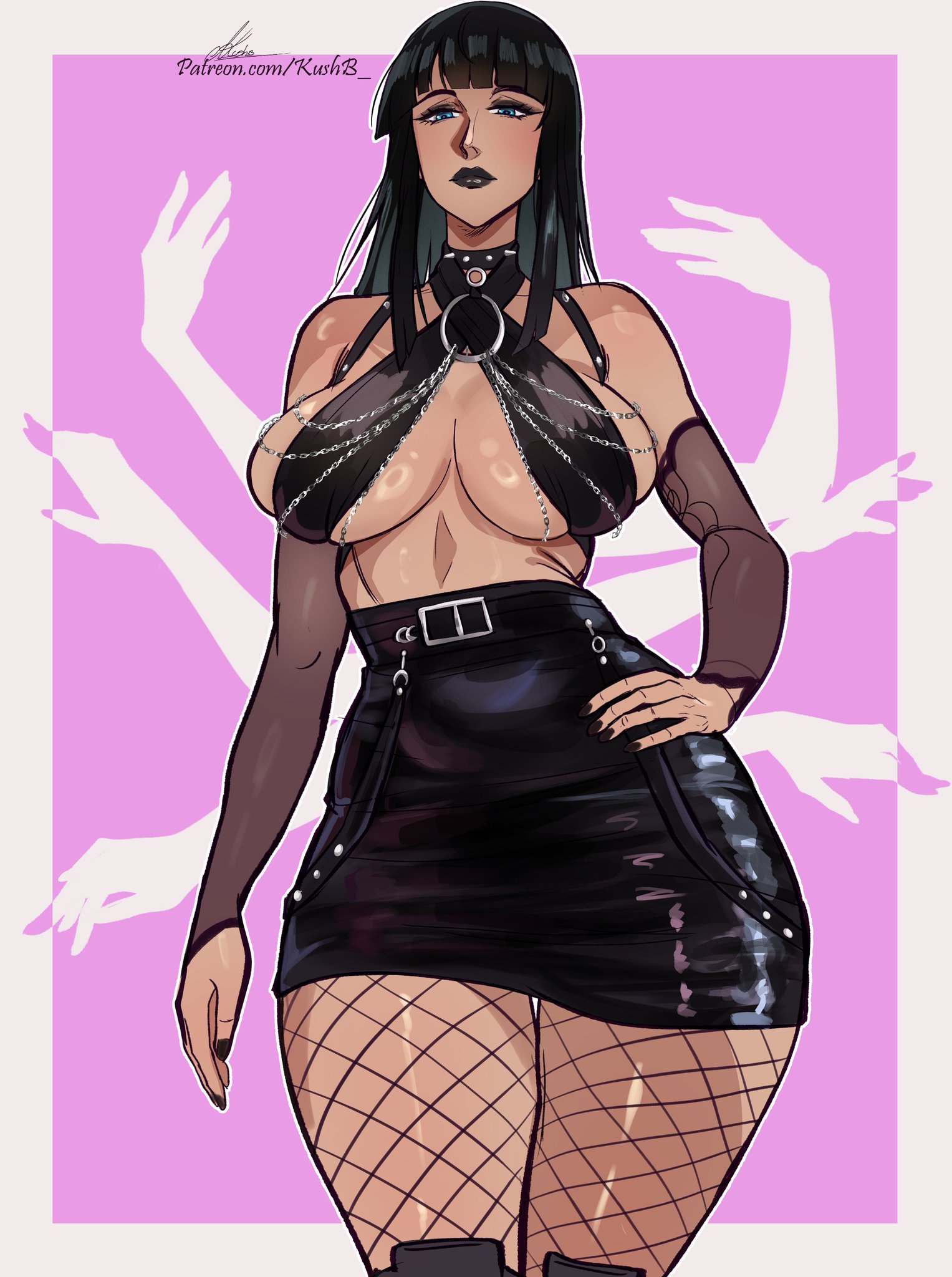 1girls, black hair, black lipstick, black-haired female, breasts, curvy, curvy figure, dark-skinned female, female, female focus, female only, fishnet legwear, fishnets, goth, goth girl, gothic, kushb, large breasts, nico robin, one piece, skirt, solo