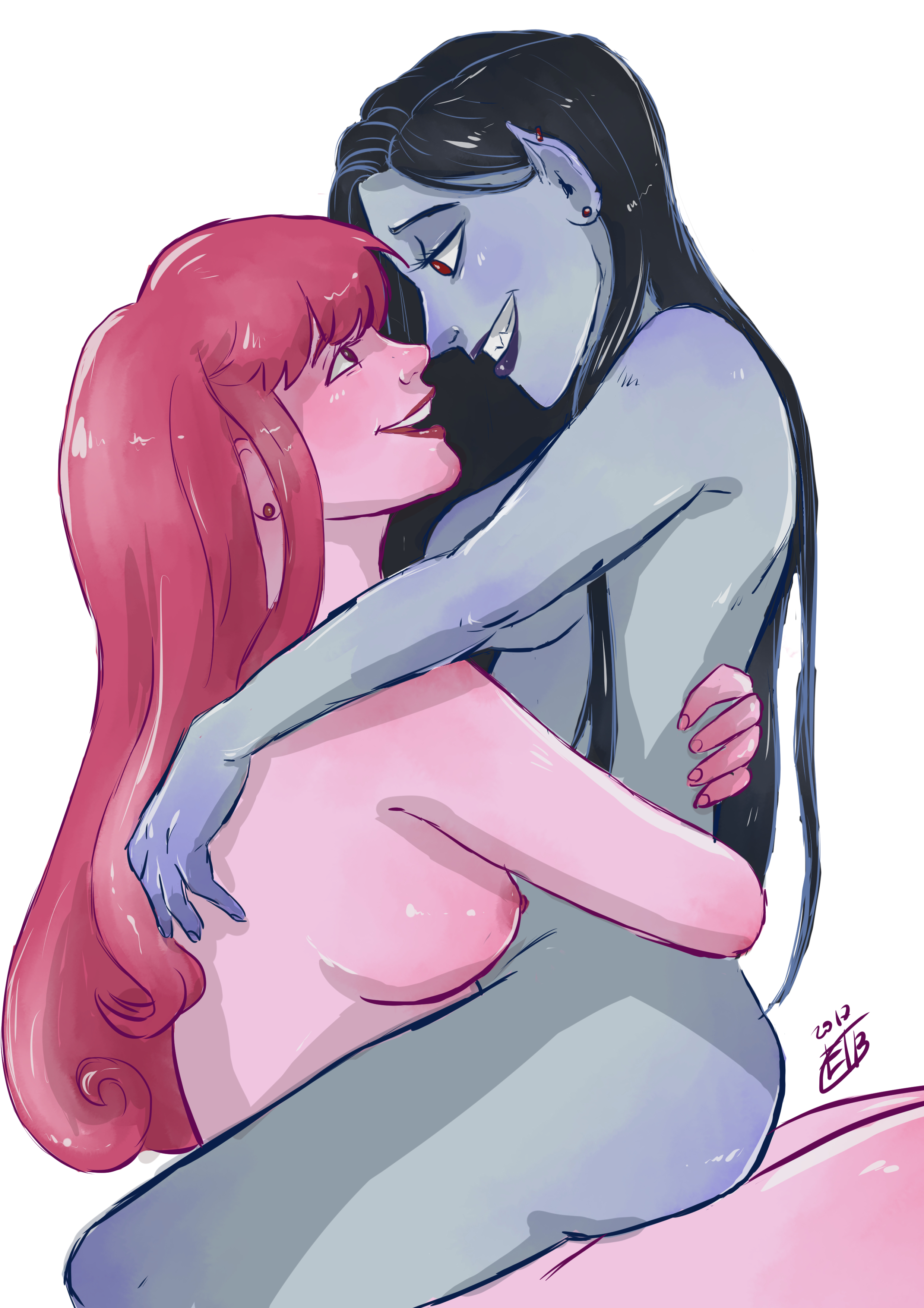 2girls, absurdres, adventure time, black eyes, black hair, blush, breasts, canon couple, ciajka, ear piercing, earrings, eye contact, fangs, female, grey skin, highres, hug, long hair, marceline, multiple females, multiple girls, nude, open mouth, pink hair, pink skin, pointy ears, princess bubblegum, red eyes, sideboob, simple background, smile, vampire, white background, yuri