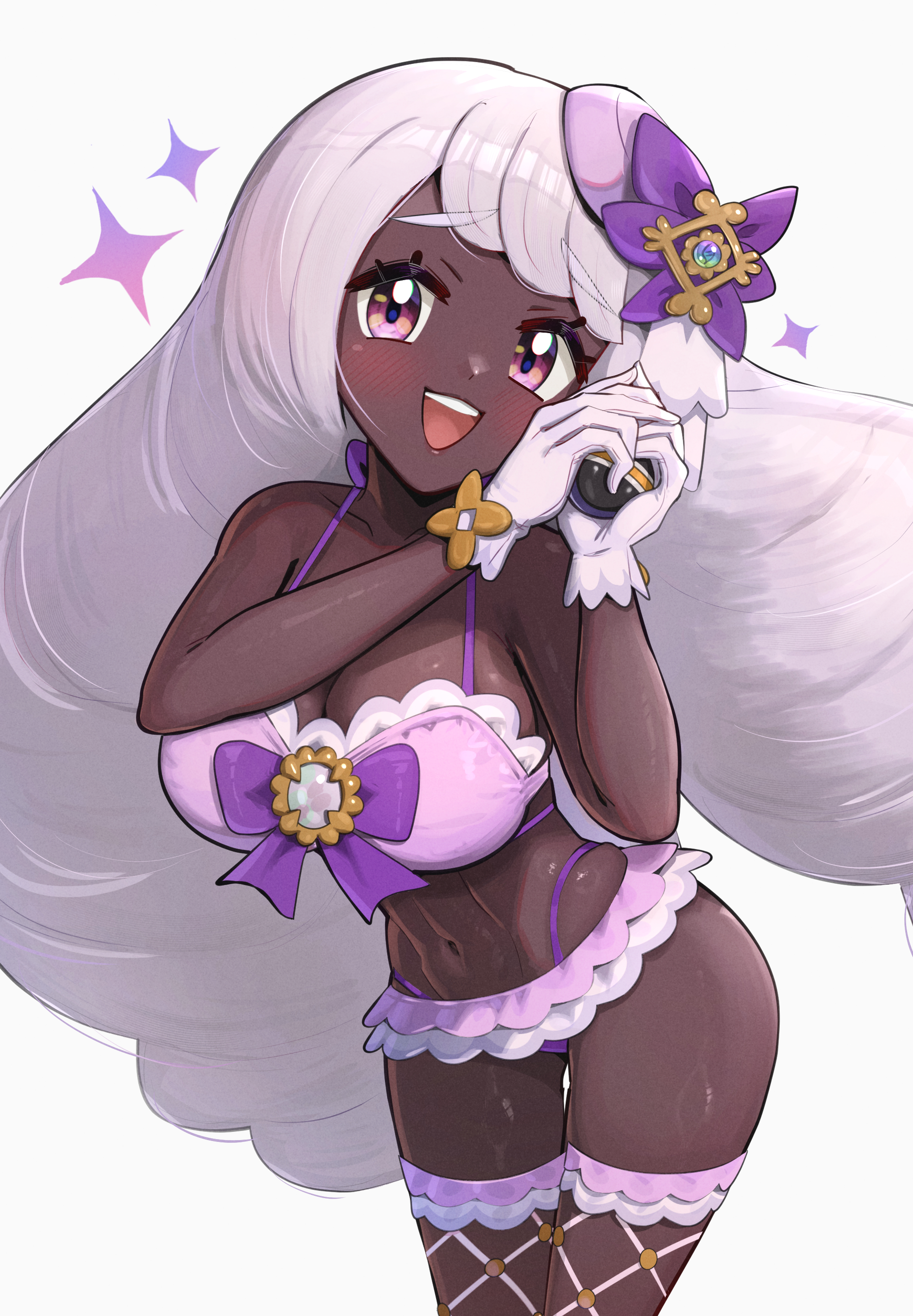 1girls, absurdres, bare shoulders, bikini, blush, breasts, cleavage, collarbone, dark skin, dark-skinned female, female, female only, fishnet thighhighs, fishnets, glove bow, gloves, gonzarez, hair ornament, highres, holding, jacinthe (pokemon), large breasts, lingerie, long hair, looking at viewer, mega stone, navel, nintendo, open mouth, pink hair, pokemon, pokemon legends: z-a, purple bikini, purple eyes, purple hair, smile, solo, stomach, swimsuit, teeth, thighhighs, underwear, upper teeth only, very dark skin, white gloves, yukari (pokemon)