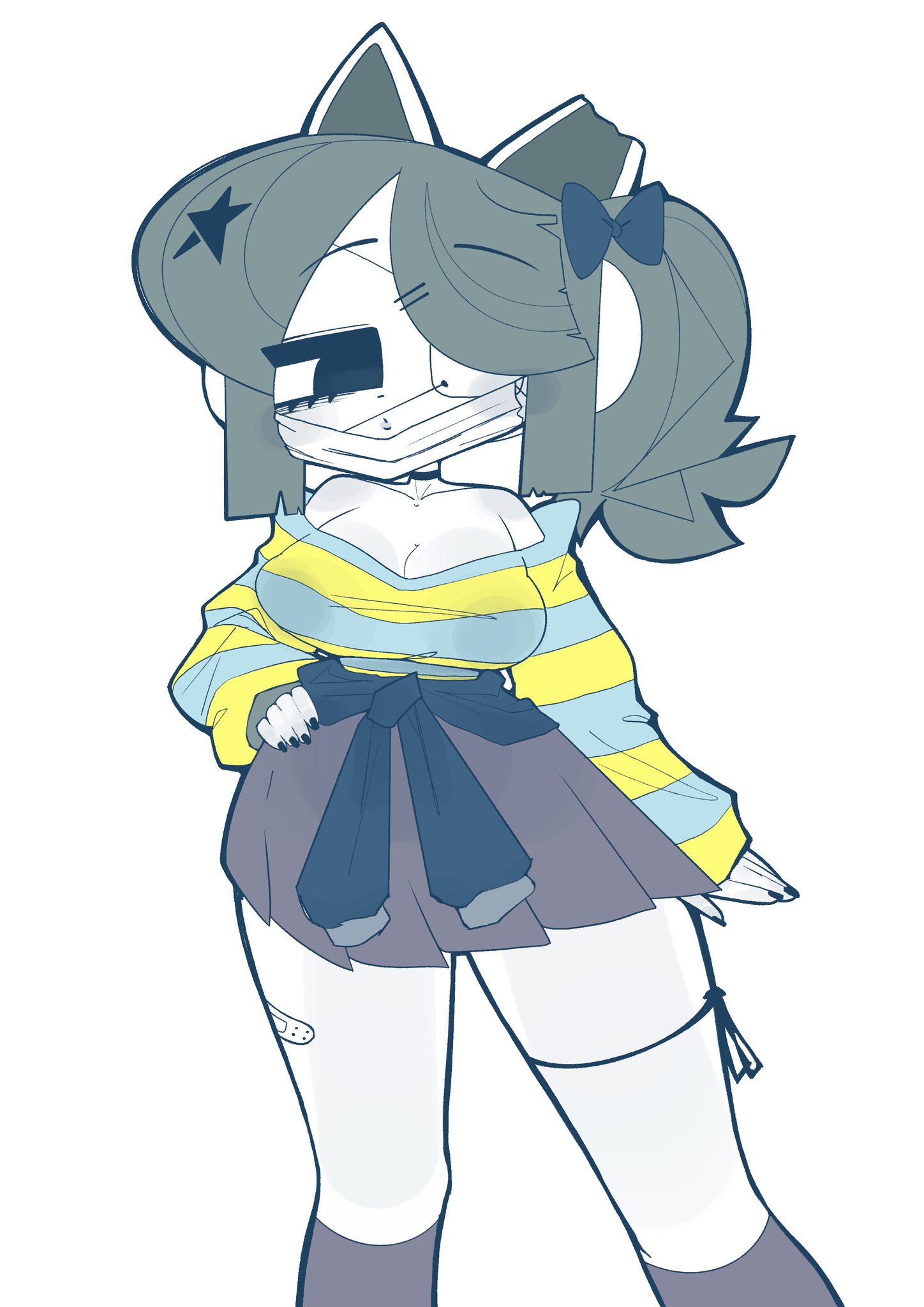 1girls, 4 ears, anthro, bandage, big breasts, big thighs, bitten ear, black eyes, black nails, black nose, blush, bowtie, brat, breasts, busty, busty female, cat ears, clothed, clothed female, cocky, collar, divas, dog ears, eyebrows, eyebrows visible through hair, eyelashes, eyepatch, eyewear, female, furry, grey blush, grey hair, hair, hair ornament, hss dada, mask, nails, ponytail, ribbon, short hair, short skirt, skirt, small waist, solo, striped clothing, temmie, temmie (undertale), thick, thick legs, thick thighs, thighhighs, thighs, tied shirt, undertale, white background, white body, white fur, white skin