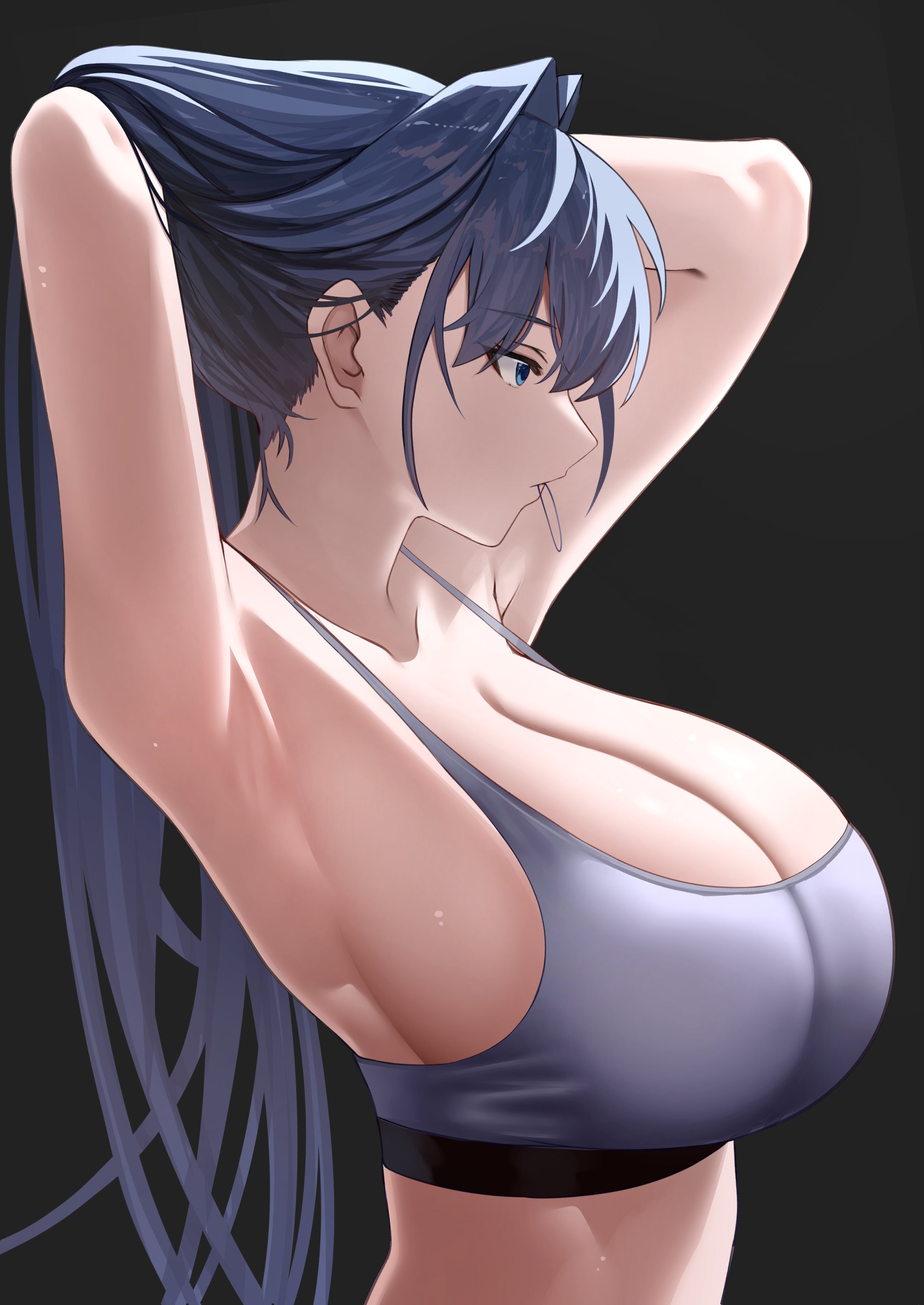1girls, armpits, arms behind head, arms up, artist request, big breasts, blue eyes, blue hair, breasts, breasts bigger than head, busty, busty female, female, female only, hololive, hololive english, hololive english -council-, hololive english -promise-, huge breasts, large breasts, light-skinned female, long hair, massive breasts, ouro kronii, sports bra, virtual youtuber, voluptuous female, vtuber
