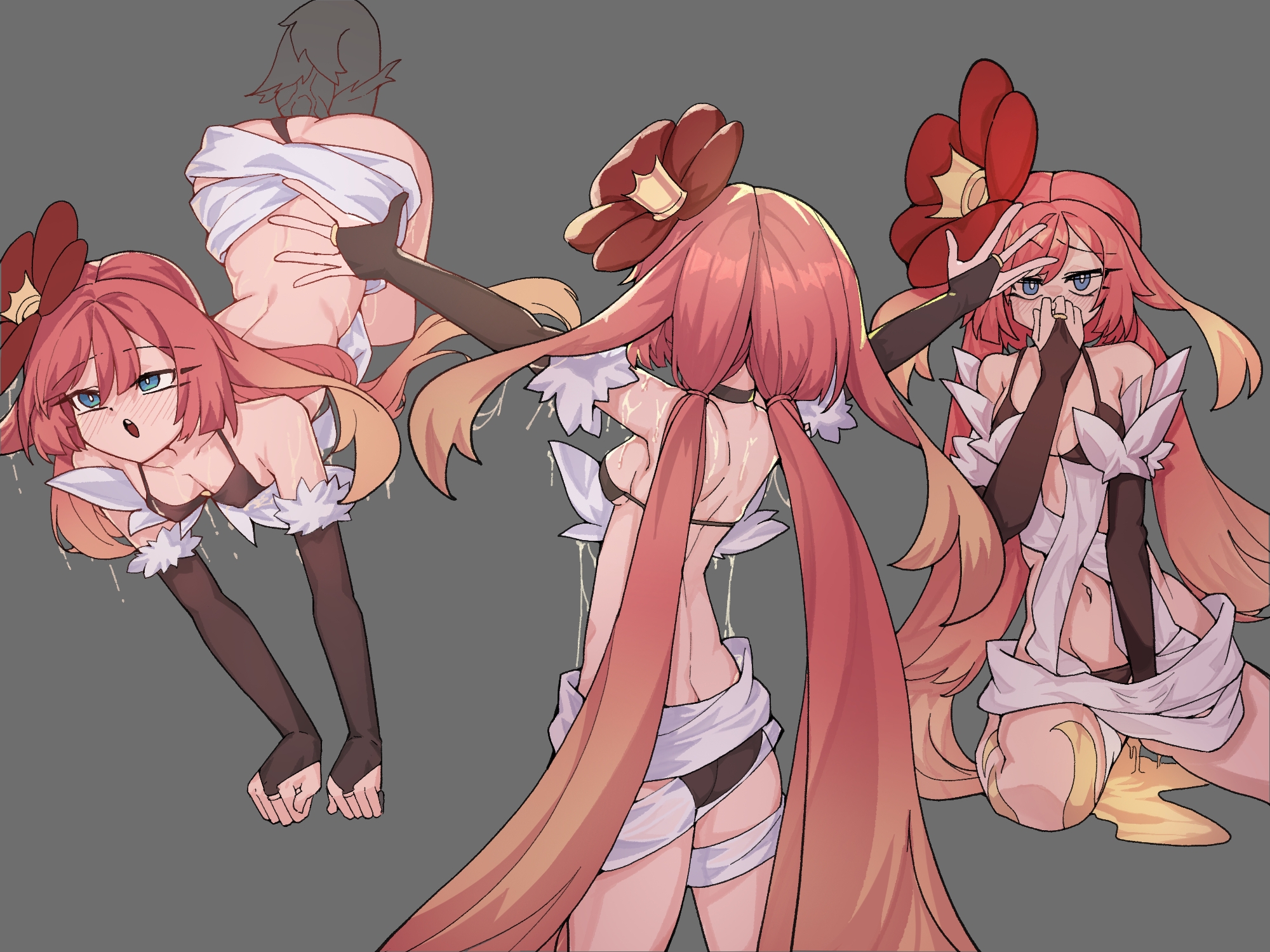 2d, 2d (artwork), ass, ass up, ass up face down, back arch, back view, barely clothed, belly, belly button, bikini, black bikini, blue eyes, blush, breasts, bridal gauntlets, cleavage, female, front view, grey background, hair ornament, implied masturbation, leaking pussy, long hair, multiple images, multiple poses, petite, petite female, plant tentacle, prone bone, puddle, pussy, rafflesia, red hair, ring, sideboob, sitting, small breasts, sole female, standing, tartarie, tentacle, tentacle penetration, traptrix, traptrix rafflesia, trembling for pleasure, twintails, vine tentacles, wet, wet body, yu-gi-oh!