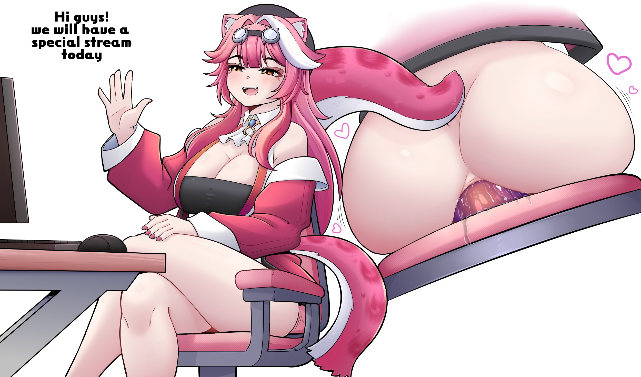 1girls, anal, anal insertion, anal object insertion, animal ears, ass, ass focus, blush, cat ears, cat girl, cat tail, catgirl, chair, close-up, clothing, computer, desk, dildo, english text, female, female only, from behind, hat, hololive, hololive english, hololive english -justice-, konanexe, open mouth, raora panthera, sex toy, sitting, tail, text, viewed from behind, virtual youtuber, waving, yellow eyes