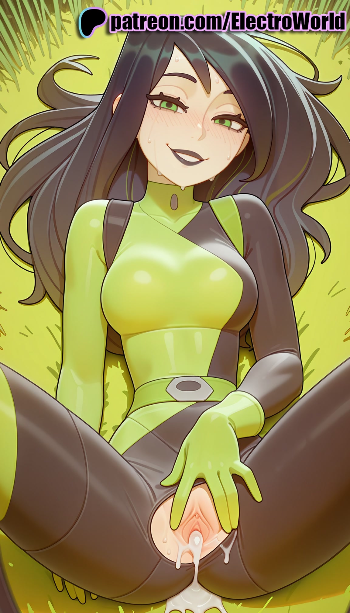 1girls, 2025, after sex, after vaginal, ai generated, artist name, black hair, blush, clitoral hood, clitoris, cum, cum in pussy, cumdrip, electroworld, exposed pussy, female, grass, green eyes, half-closed eyes, hi res, high quality, high resolution, highres, juicy pussy, kim possible, laying down, legs apart, legs spread, long hair, lying, lying on back, on back, on grass, open legs, patreon, patreon username, pussy, shego, smile, solo, splayed legs, spread legs, stable diffusion, sweat, tight pussy, torn clothes, torn legwear, vagina, watermark