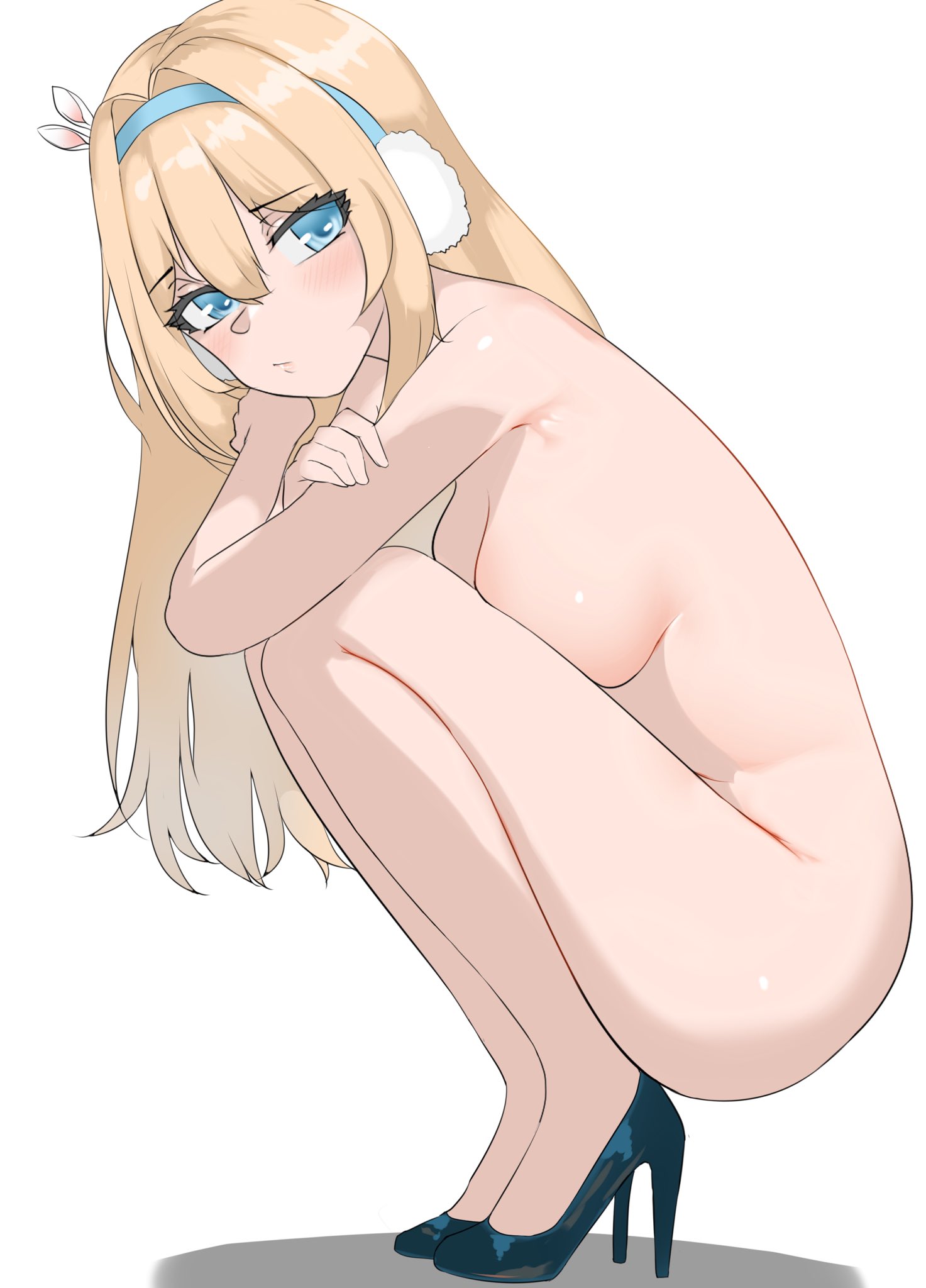 1girls, armpits, arms crossed, ass, blonde hair, blue eyes, blush, breasts, closed mouth, convenient censoring, convenient censorship, covering, covering breasts, crouching, earmuffs, female, female only, finnish, finnish girl, girls' frontline, girls' frontline 2: exilium, godon146, hair ornament, high heels, long hair, medium breasts, naked, nude, side view, sideboob, suomi (girls' frontline 2), suomi (girls' frontline)