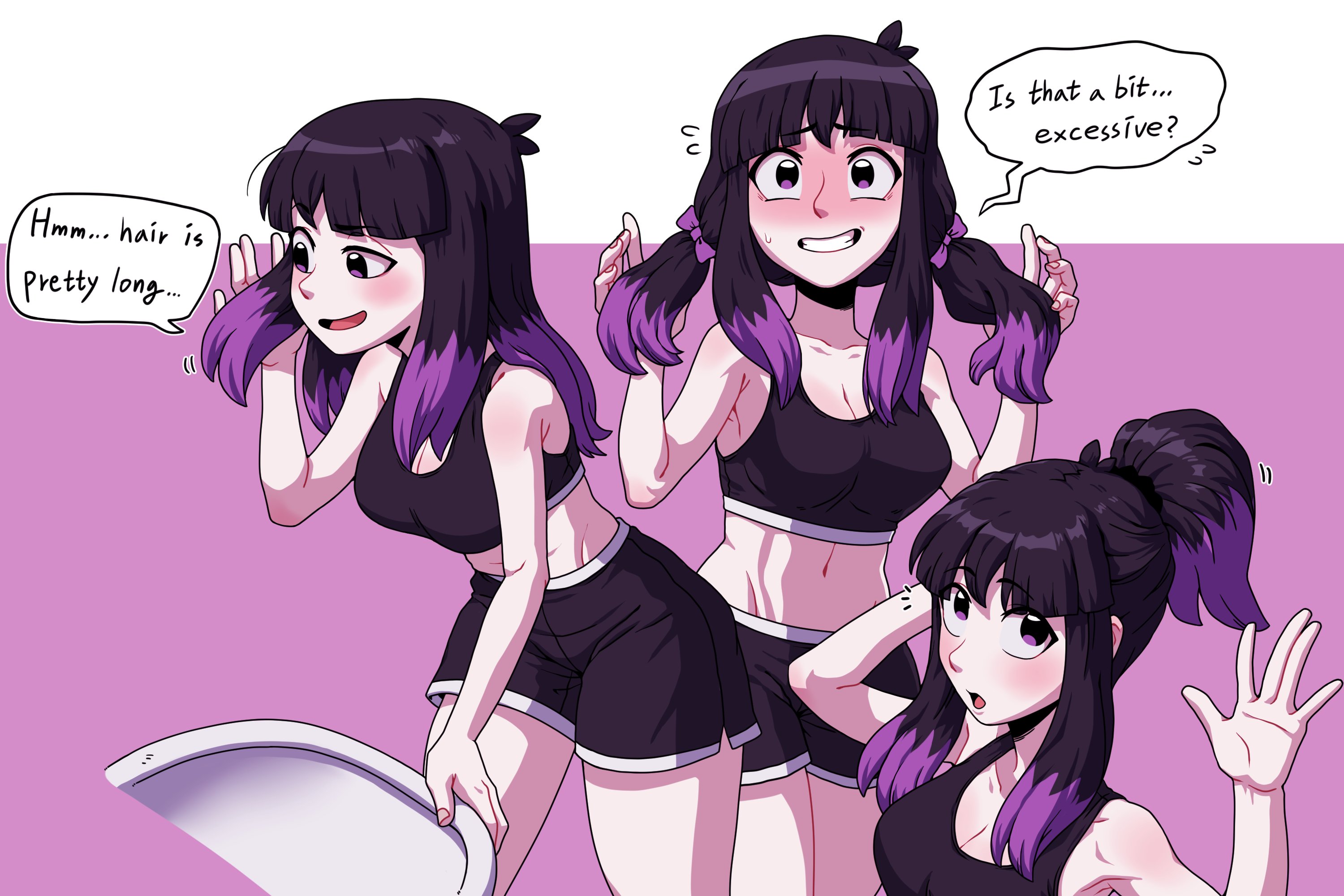 alternate hairstyle, black giraffe, black hair, black shorts, black sports bra, blunt bangs, blush, breasts, cleavage, cowboy shot, english text, female, flying sweatdrops, girin, highres, hilda (series), kaisa (hilda), low twintails, medium breasts, medium hair, midriff, multicolored hair, multiple views, ponytail, purple background, purple eyes, purple hair, shorts, sidelocks, sink, speech bubble, sports bra, sweatdrop, toned, toned female, twintails, two-tone hair