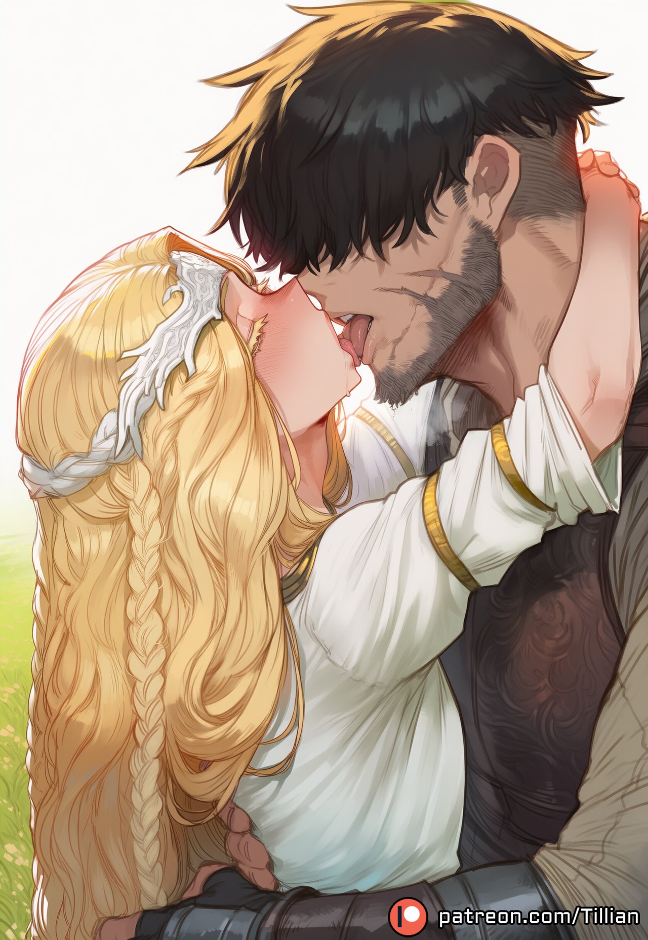 2boys, ai generated, armor, arms around neck, bandai namco, beard, black gloves, black hair, blonde hair, blush, braid, breastplate, closed eyes, colored eyelashes, couple, elden ring, elden ring: shadow of the erdtree, facial hair, femboy, fingerless gloves, french kiss, fromsoftware, gay, gloves, hair over eyes, hug, kissing, long hair, male, miquella, miquella the kind, multiple braids, otoko no ko, patreon logo, patreon username, saliva, scar, scar on face, shadow of the erdtree, short hair, tarnished, tillian, tongue, tongue out, upper body