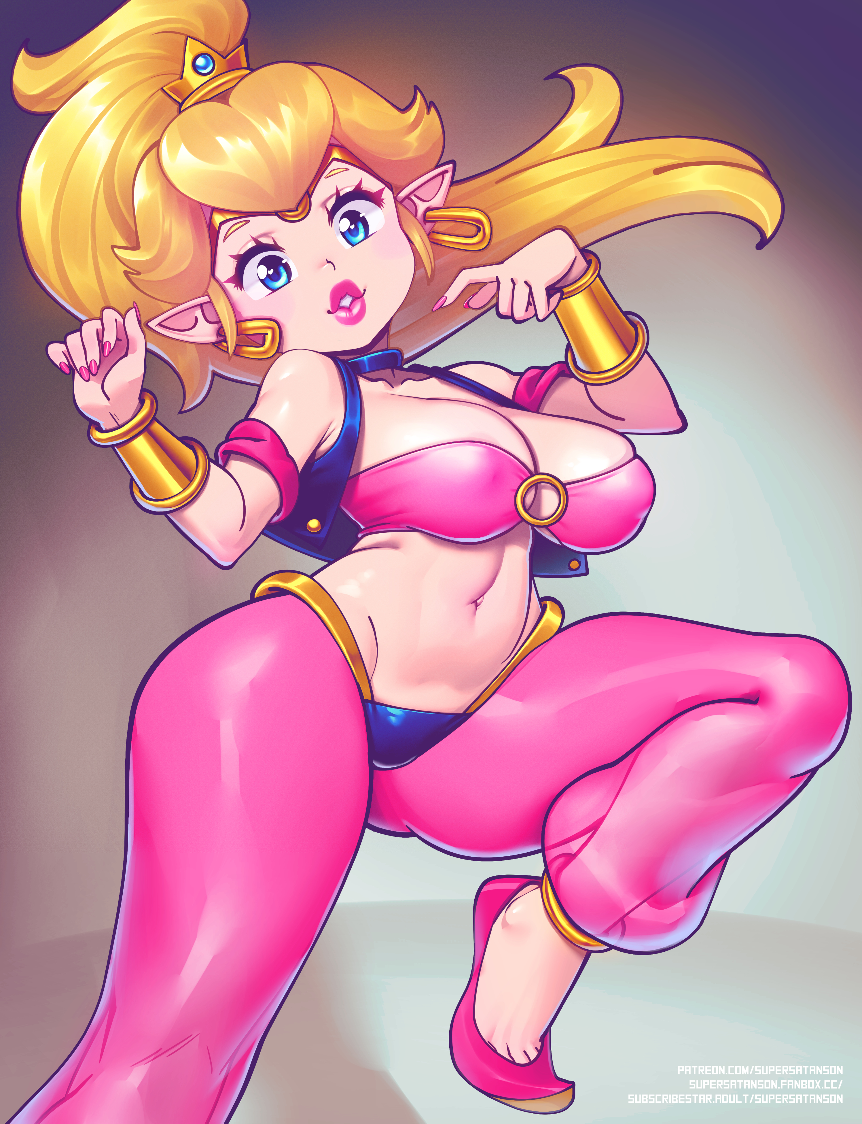 1girls, armwear, big breasts, blonde hair, blue eyes, bottomwear, breasts, busty, cleavage, clothing, cosplay, ear piercing, earrings, female, female only, footwear, hair, headwear, hips, hoop earrings, jewelry, large breasts, lips, lipstick, mario (series), midriff, nail polish, nails, nintendo, o-ring top, pants, parted lips, pink lips, pink lipstick, pink nail polish, pink nails, pink pants, pointy ears, ponytail, princess peach, shantae, shantae (cosplay), solo, solo female, supersatanson, thick lips, tiara, tied hair, toe cleavage, toned, topwear