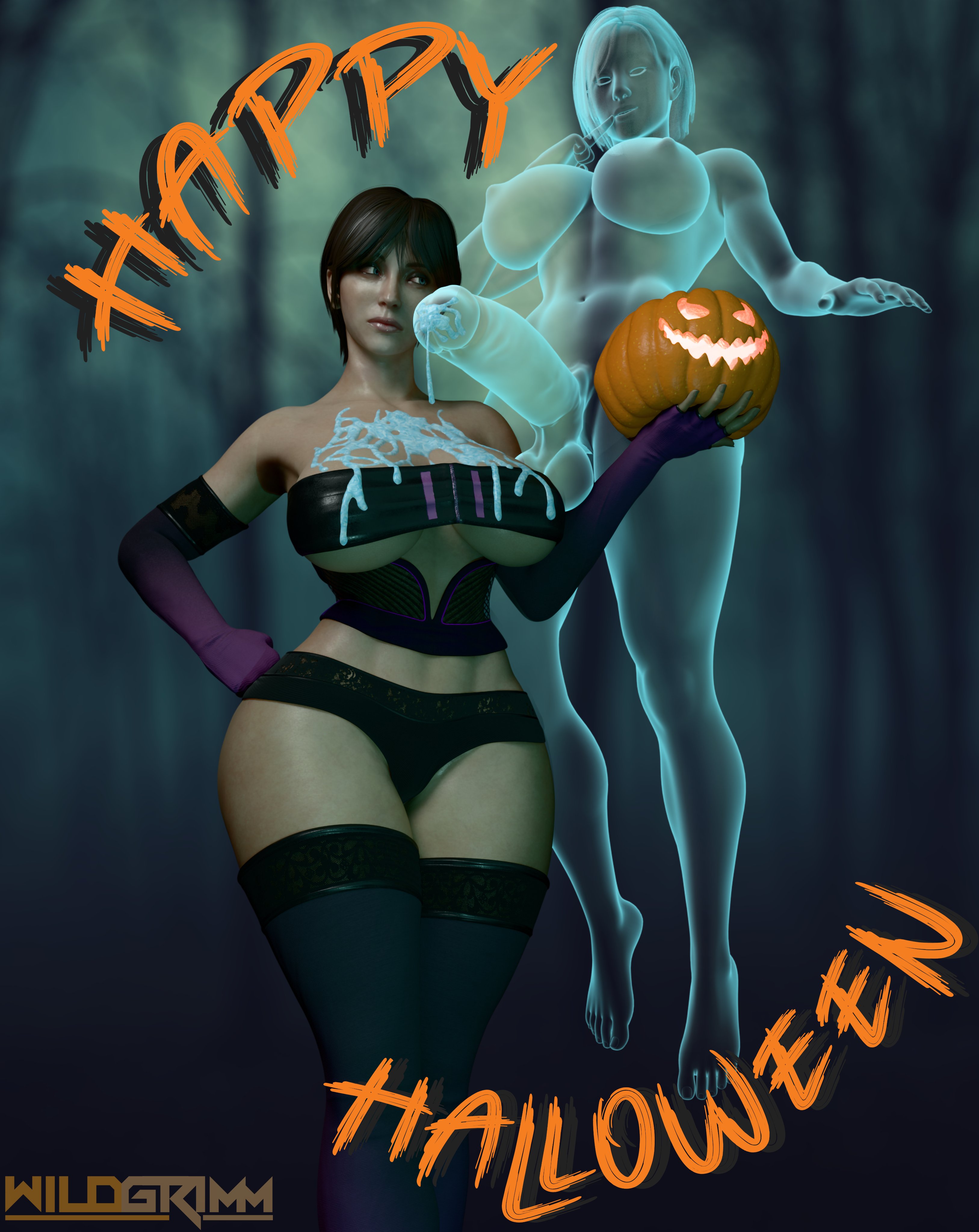1futa, 1girls, 3d, 3d (artwork), balls, black hair, bottom heavy, breasts, bubble butt, capcom, child bearing hips, cleavage, cleavage cutout, clothed female, clothing, clothing cutout, curvaceous, curvaceous female, curvy female, curvy hips, ejaculation, elbow gloves, english text, female, fit, fit female, floating, flying, futanari, ghost, ghost futa, ghost girl, halloween, halloween pumpkin, halloween theme, hourglass figure, huge ass, huge breasts, huge penis, huge testicles, intersex, jill valentine, jill valentine (julia voth), large ass, large breasts, large penis, large testicles, light skin, light-skinned female, pale skin, pale-skinned female, partially clothed, penis, pumpkin, pumpkin head, rebecca chambers, resident evil, semen, semen on body, semen on chest, semen on upper body, short hair, skin tight, skindentation, testicles, thick thighs, thighhighs, tight clothes, tight clothing, tight fit, toned, toned body, toned female, toned futa, toned stomach, top heavy, video game, video game character, video game franchise, watermark, wide hips, wildgrimm