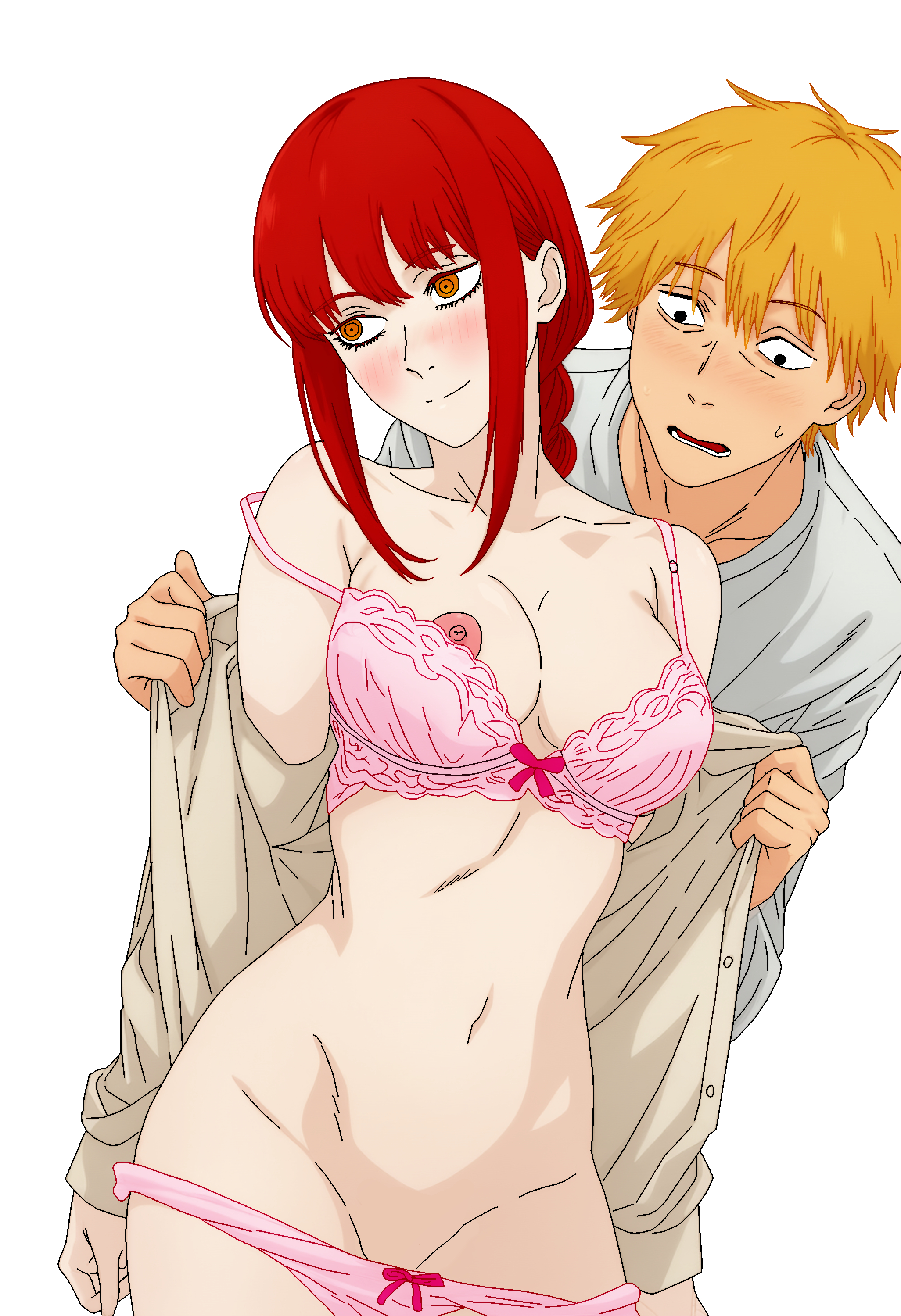 ai generated, blonde male, denji (chainsaw man), makima (chainsaw man), nk1111, orange eyes, red eyes
