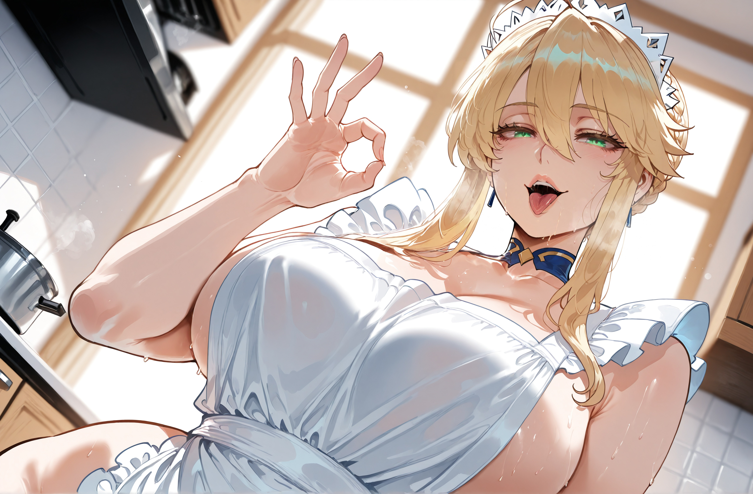 1girls, ahoge, ai generated, alternate costume, apron, artoria pendragon, artoria pendragon (fate), artoria pendragon (lancer), artoria pendragon (lancer) (fate), bangs, bare shoulders, blonde hair, blue choker, blush, braid, breasts, choker, cleavage, clothing, collarbone, curvaceous, curvaceous female, curvaceous figure, curvy, curvy figure, earrings, fate (series), fate/grand order, fellatio gesture, female, female focus, female only, french braid, frilled apron, frills, green eyes, hair between eyes, half-closed eyes, headdress, headwear, huge breasts, indoors, inviting, inviting to sex, jewelry, kitchen, large breasts, light-skinned female, long hair, looking at viewer, maid, maid headdress, miyuai, naked apron, naughty face, ok sign, open mouth, oral invitation, presenting, presenting breasts, presenting self, seductive, seductive look, seductive smile, sideboob, sidelocks, smile, solo, steam, stove, sweat, swept bangs, tile wall, tiles, tongue, tongue out, upper body, upper teeth only, voluptuous, voluptuous female, white apron, window