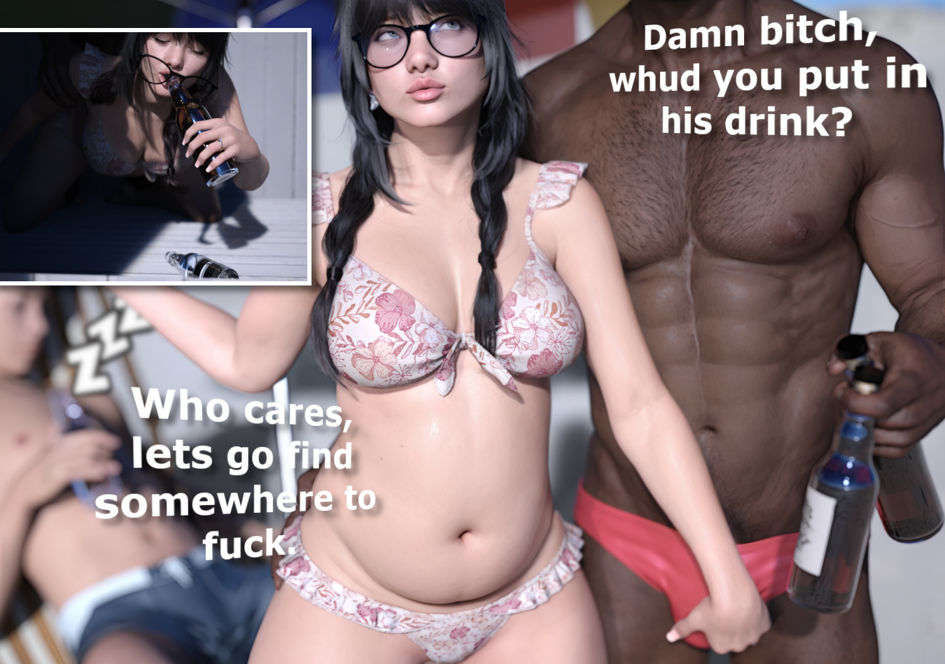 3d, alcohol, ass grab, bangs, beach, belly, bikini, braided hair, cheating, cheating wife, chest hair, chubby, crotch grab, cuckold, dark hair, dark-skinned male, doggy style, drunk, drunk female, drunk sex, female, glasses, hdr ntrgirl, hdregrets, holding penis, interracial, male, muscular, muscular male, netorare, ntr, penis, plump, sex, speedo, wedding ring, wife