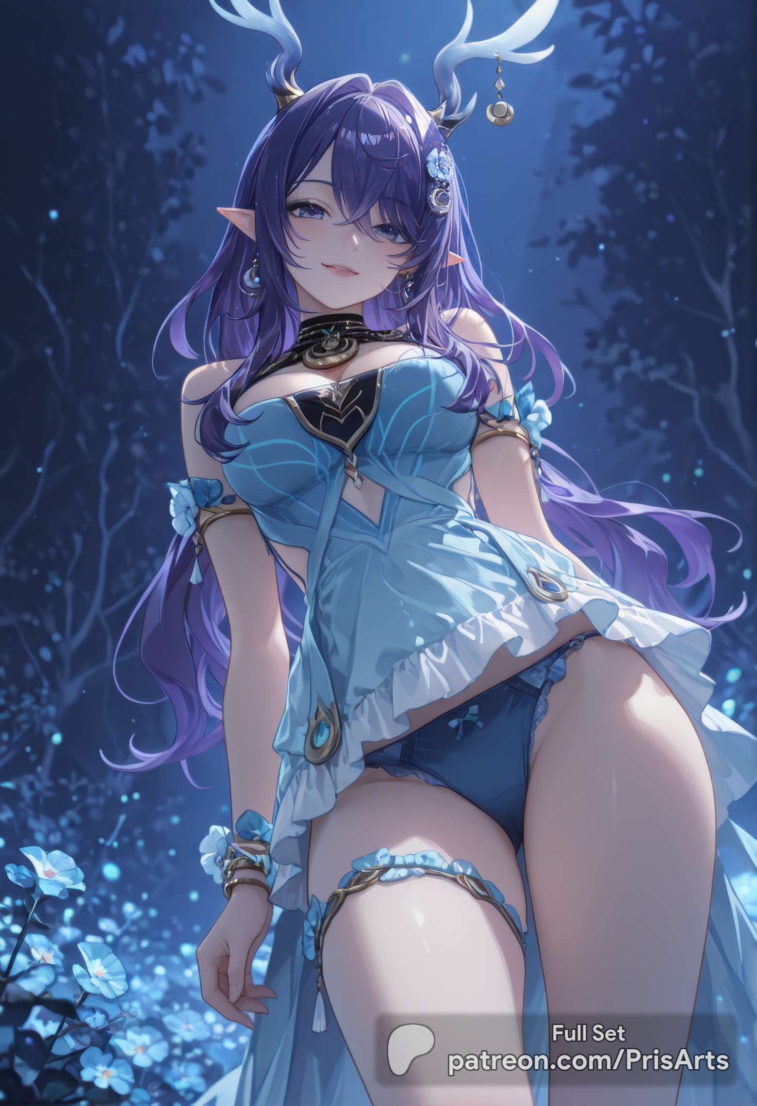 ai generated, bangs, beautiful, blue dress, blue eyes, blue hair, clothing, dress, female, female only, genshin impact, gorgeous, holding legs, horns, hoyoverse, lauma (genshin impact), legs, legs apart, legs up, light skin, light-skinned female, looking at viewer, mihoyo, panties, prisarts, standing, thighs