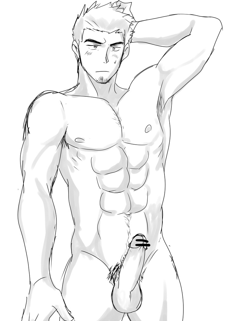 1boy abs erection male_focus muscle penis pokkor0123 sketch solo tagme