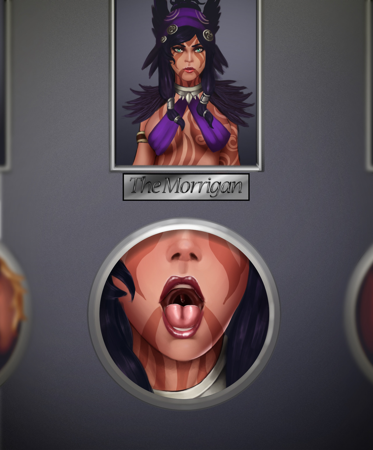 2017, aethosart, black hair, blue eyes, feathers, female, femsub, glory hole, lineup, lipstick, multiple subs, open mouth, photo, photo (object), public display, public use, smite, tattoos, the morrigan (smite), tongue