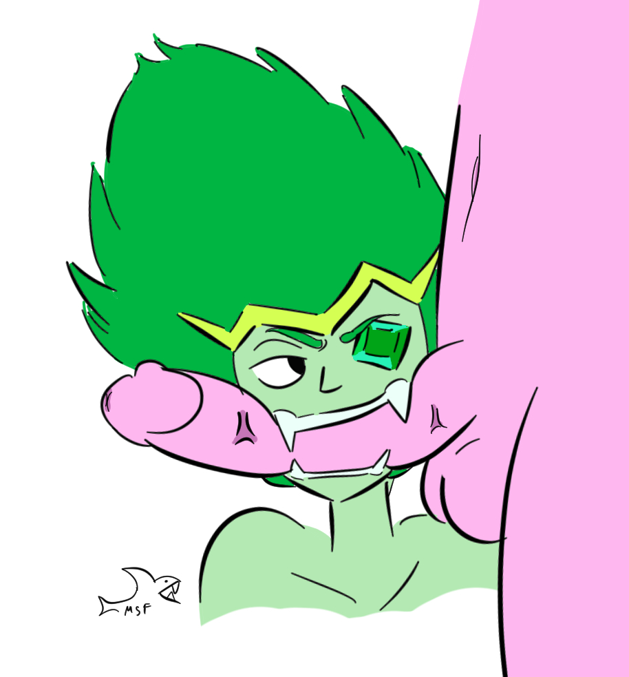 1boy 1girls biting cartoon_network collarbone color emerald_(steven_universe) eyebrows fangs fellatio female female_focus front_view gem gem_(species) green_eyes green_hair green_skin human lars_barriga male megasharkfister naked navel nude off_colors_(steven_universe) oral penis_biting pink_penis pink_skin side_view steven_universe tiara white_background