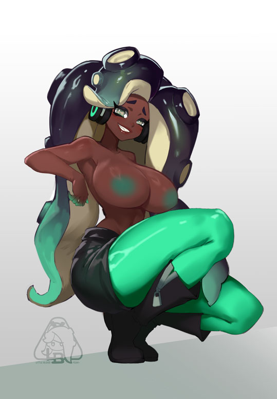 1girls, aqua hair, aqua pantyhose, big ass, big breasts, black boots, black hair, blue eyes, boots, breasts, cephalopod eyes, colored extremities, dark skin, dark-skinned female, female, grin, headphones, huge ass, huge breasts, large breasts, little blood, long hair, looking at viewer, marina (splatoon), midriff, mole, mole under mouth, multicolored hair, nintendo, nipples, octoling, octopus girl, smile, solo, splatoon, splatoon (series), splatoon 2, suction cups, symbol-shaped pupils, teeth, tentacle hair, thick thighs, thighs, two-tone hair